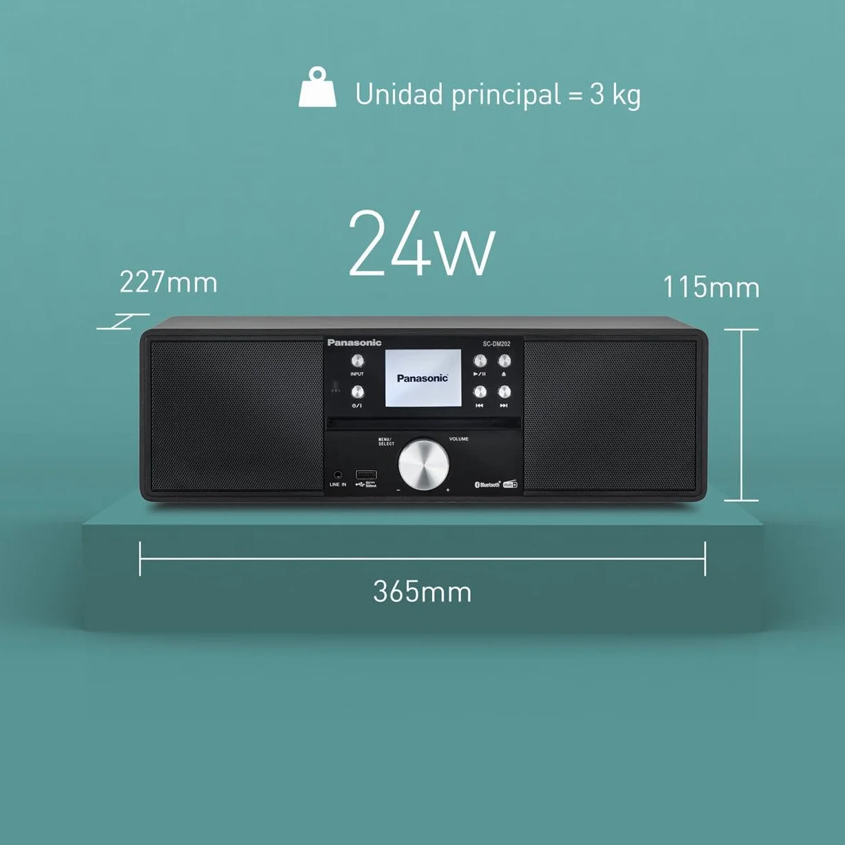 Panasonic SC-DM202EG-K Sistema Estéreo Micro Hi-Fi Compacto con CD, Radio Dab+/FM, USB y Bluetooth, Altavoces de 24 W, Control Remoto, Pantalla LCD TFT de 2,4", Ajustes de Ecualización, Negro.