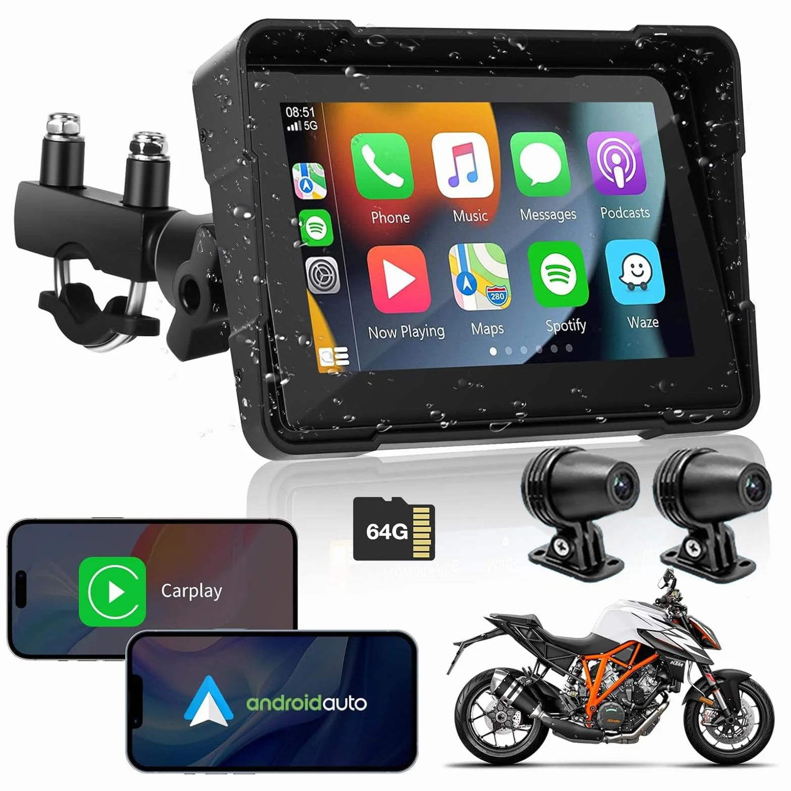Carplay de Motocicleta y Android Auto, Euakee Carplay con Pantalla Táctil Impermeable de 5 Pulgadas, Sistema de Navegación GPS Inalámbrico Portátil para Motocicleta, Soportes de Montaje Incluidos