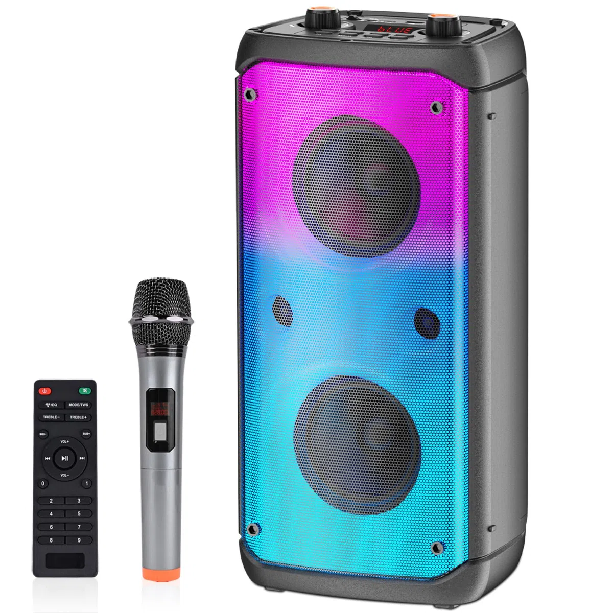 Altavoz Bluetooth, 80W Pico Inalámbrico TWS Altavoces Portátiles Fiestas Al Aire Libre con Subwoofer, Luces LED de Colores, Boombox Fuerte Sonido Estéreo con Micrófono para el Hogar, Camping, Viajes