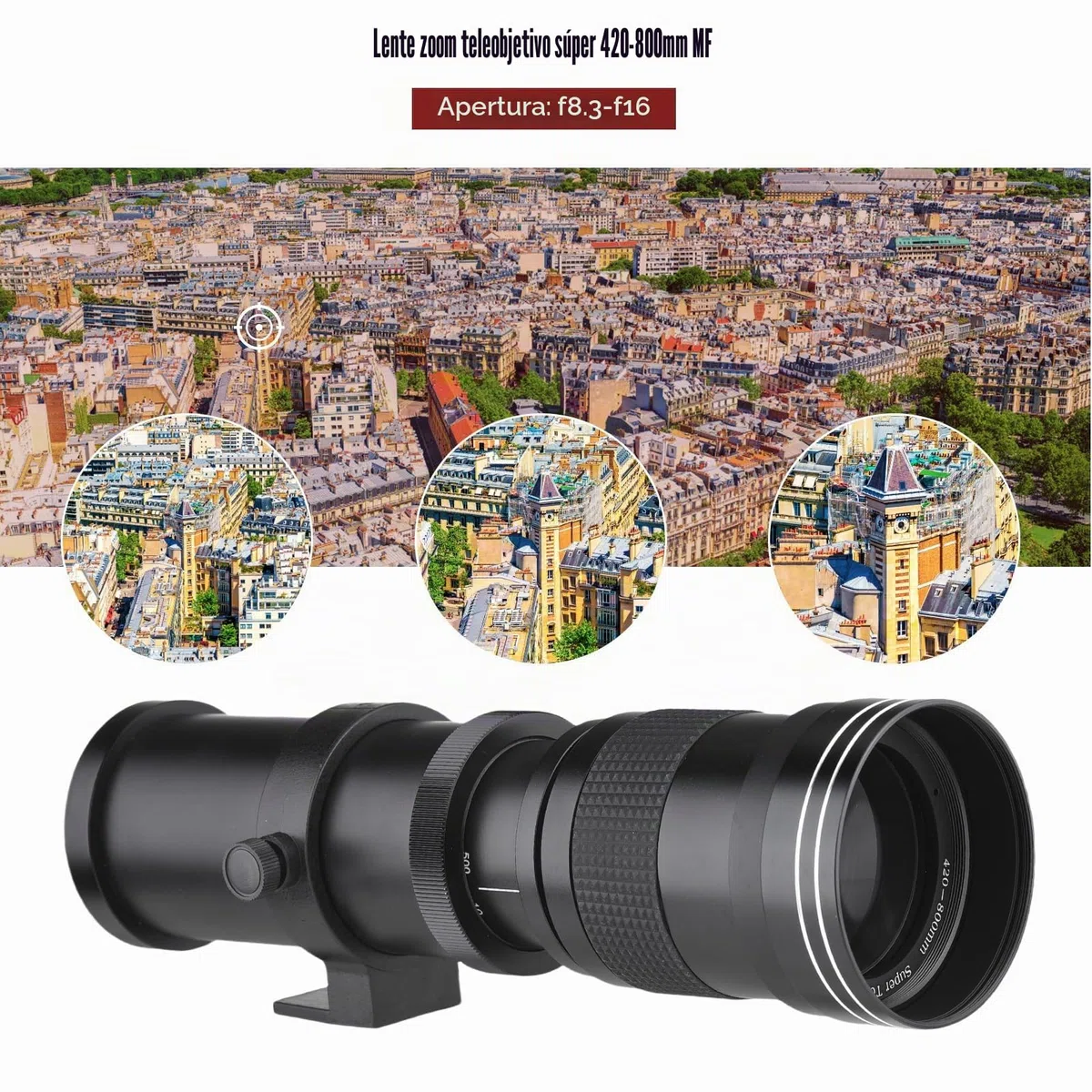 Andoer Objetivo de zoom para cámara MF F/8.3-16, 420-800 mm, montaje en T, universal, rosca 1/4, repuesto de superteleobjetivo completo compatible con cámaras EF/EF-S