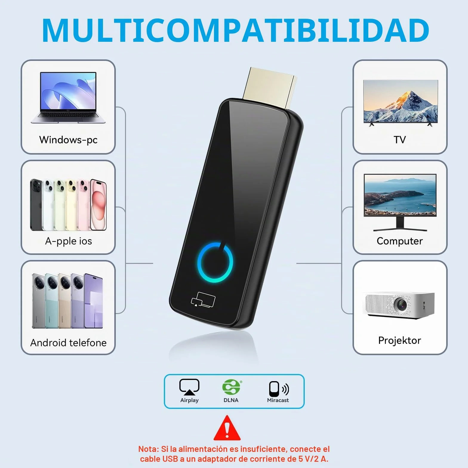 Adaptador HDMI Inalámbrico Miracast WiFi Dongle para TV Proyector con Airplay DLNA Compatible iOS Android Windows