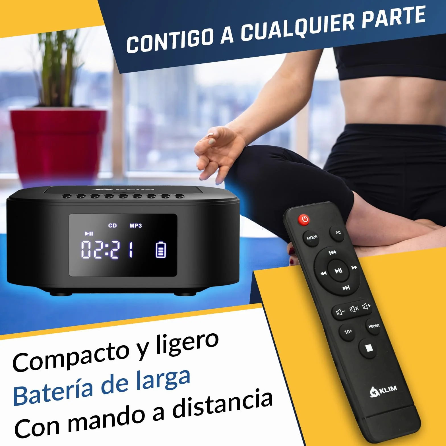 Klim Boombox E1 Reproductor de CD portátil con Bass Boost, Subwoofer, Radio FM, Bluetooth, MP3, AUX, USB y Mando