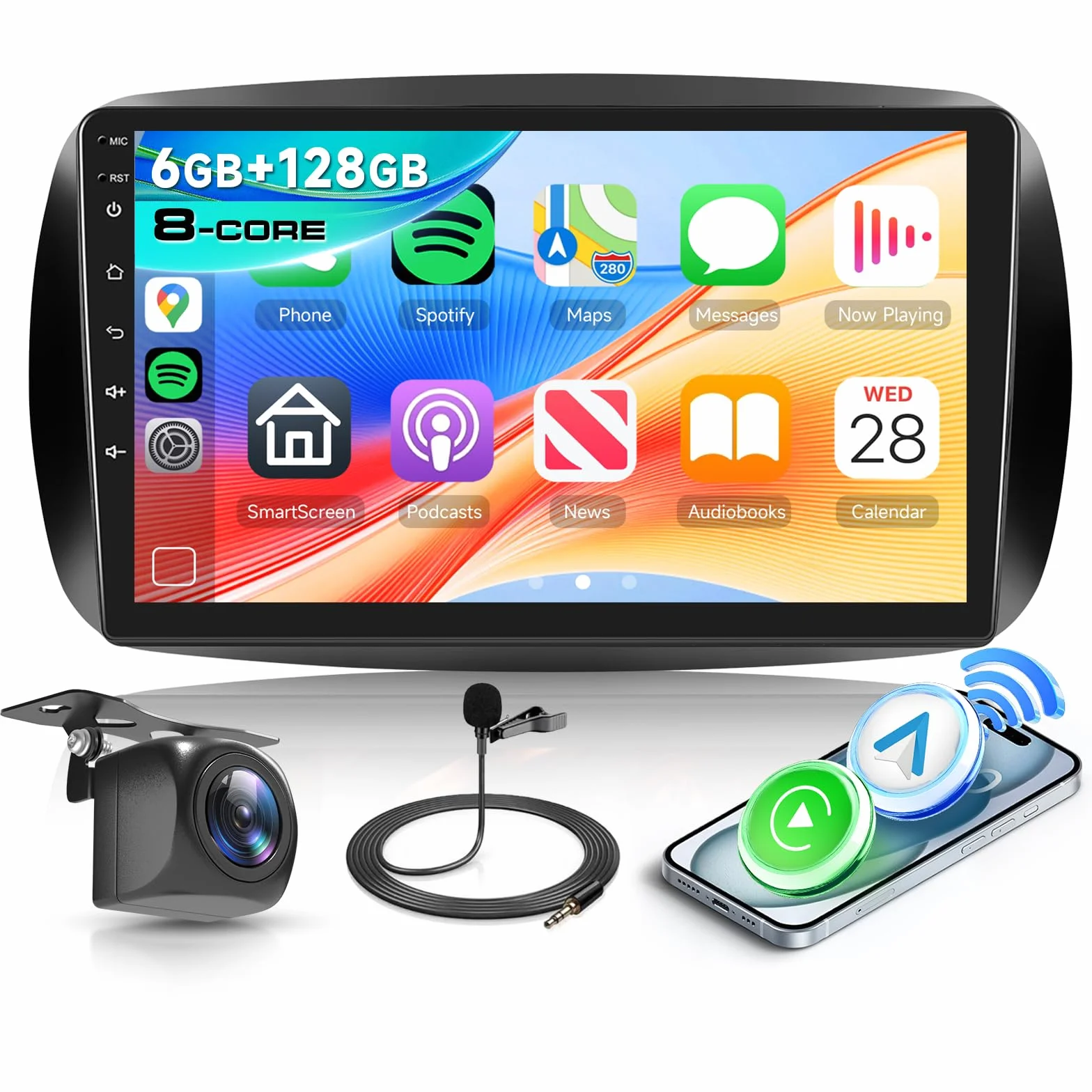 Hodozzy 6G+128GB 8-Core Android Radio para Mercedes Benz Smart 453 Fortwo 2014-2020 con Carplay Android Auto Inalámbrico, 2 DIN Pantalla Táctil 9 Pulgadas Radio Bluetooth GPS WiFi DSP FM/RDS Cámara