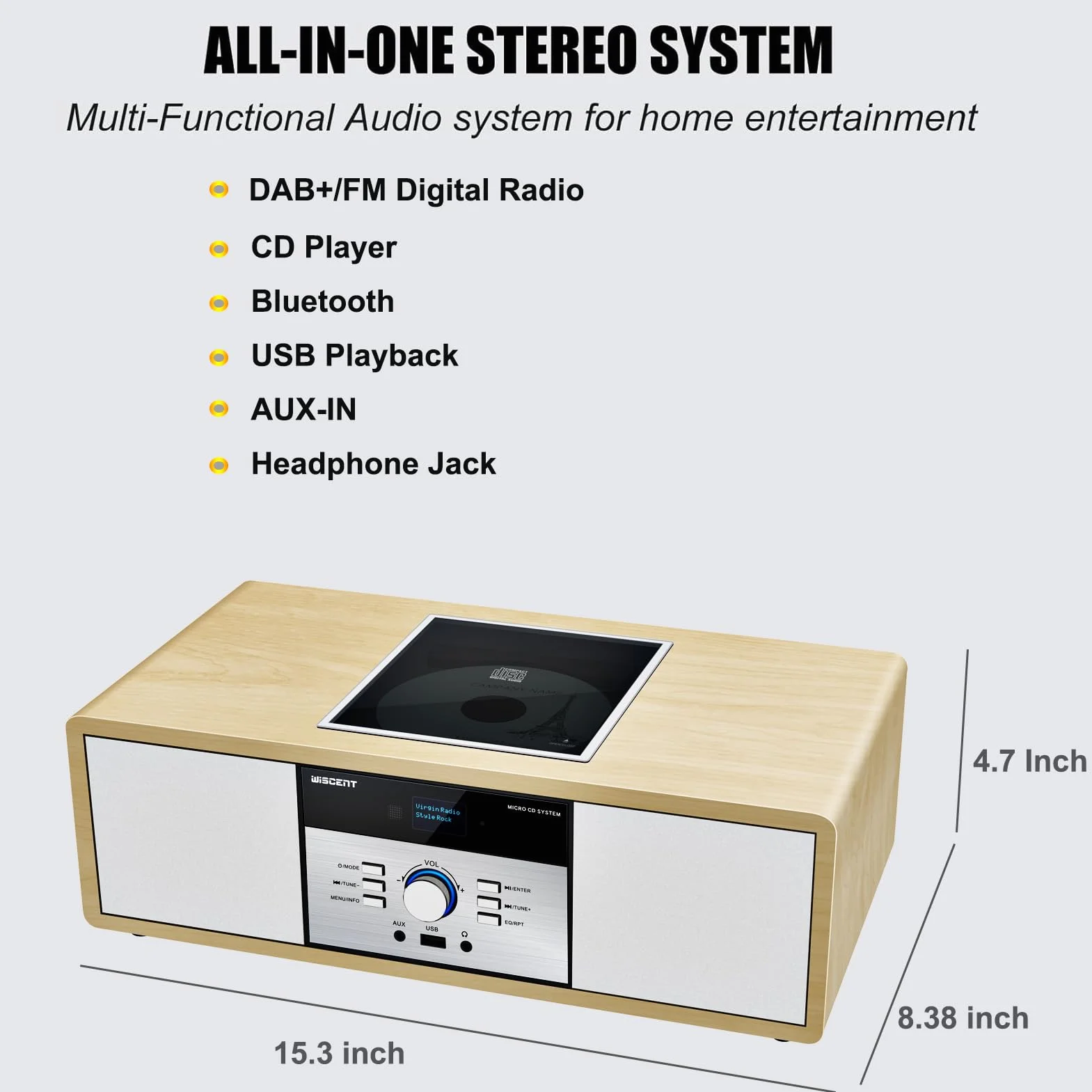 Microcadena Vintage Madera Bluetooth USB AUX 30W Control Remoto