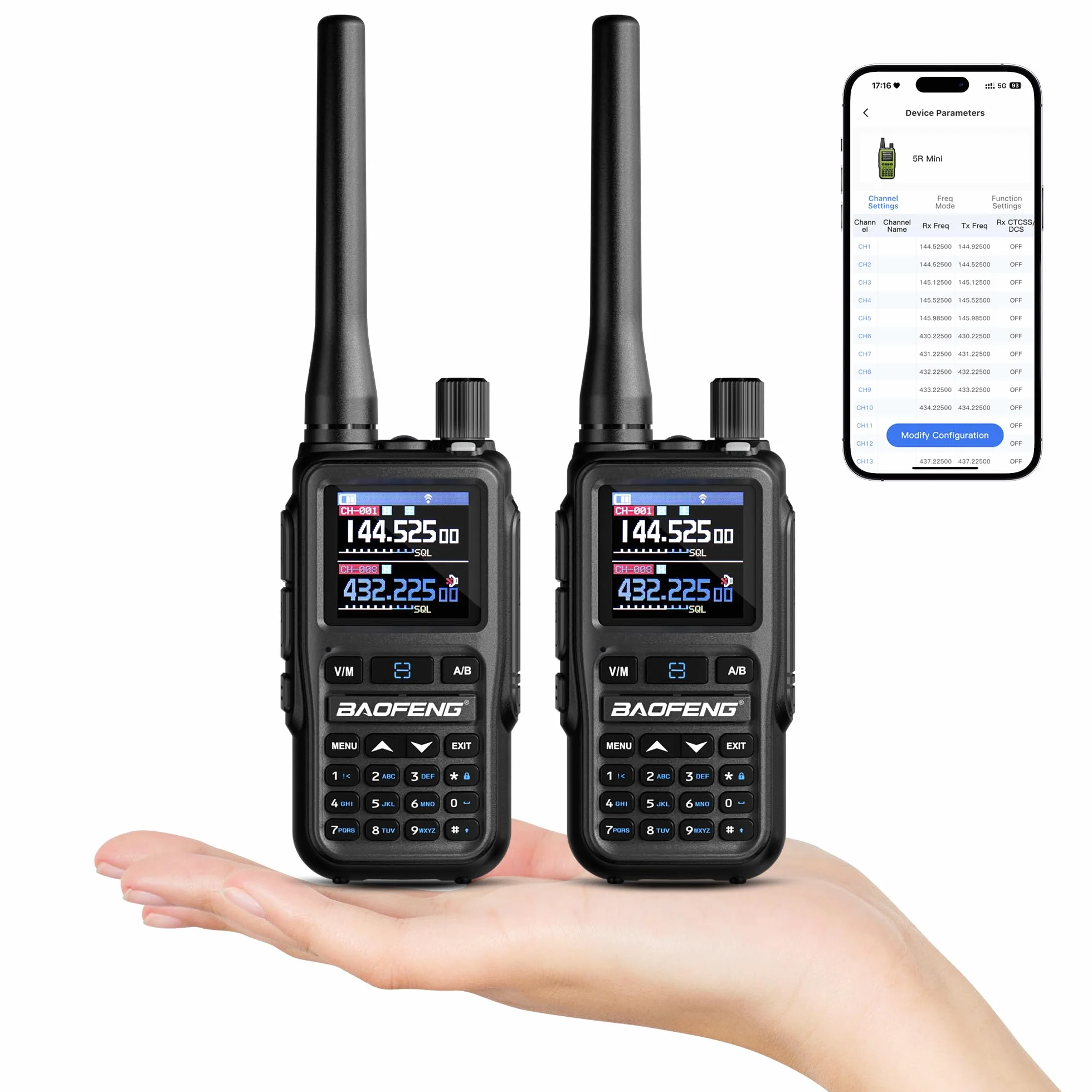 Baofeng GT-5R Mini Radio portátil de 5W de Doble Banda, Walkie Talkie UHF VHF Compacto con programación vía App BT, 999 Canales, Doble PTT, Carga USB-C, Receptor Airband/FM, Linterna, Pack de 2