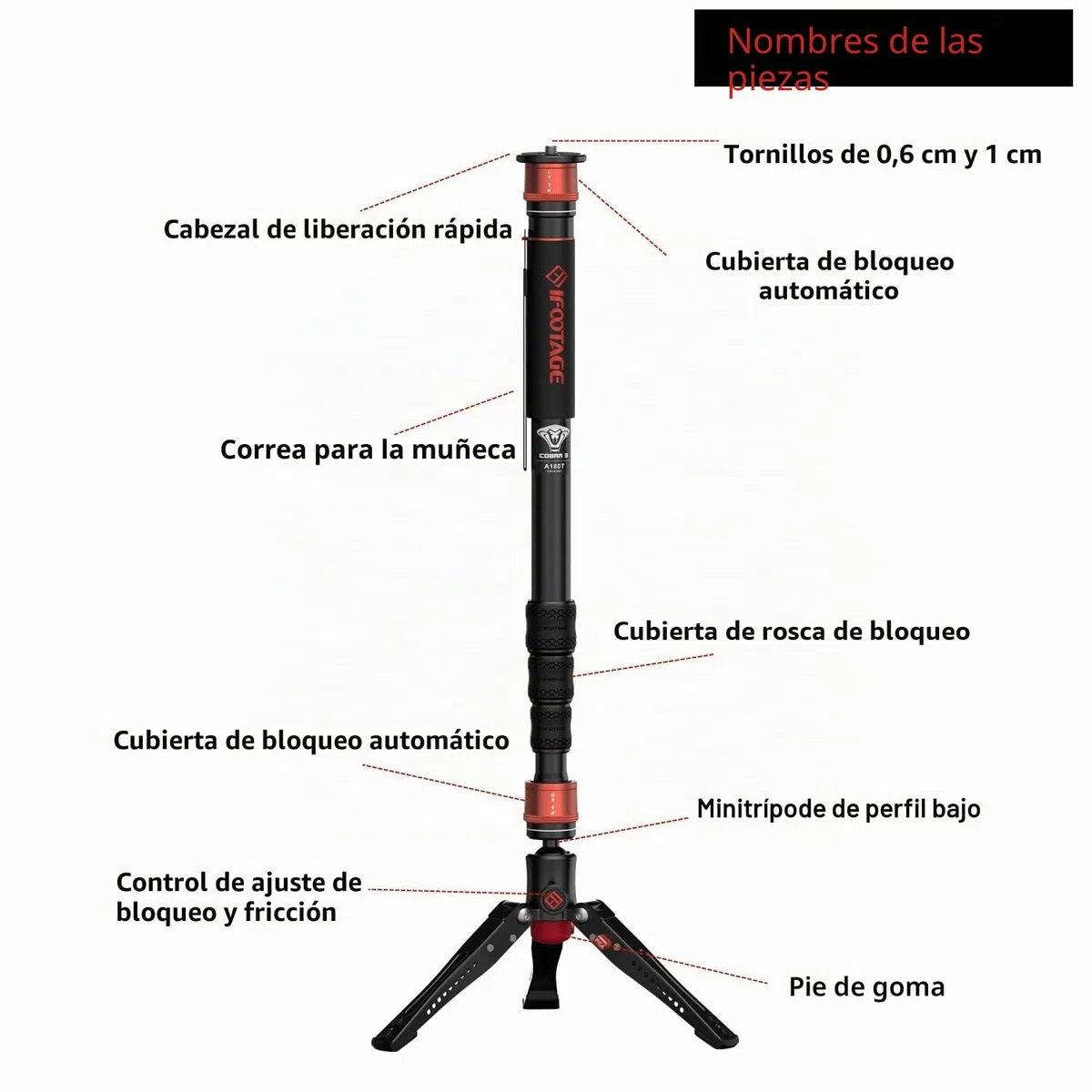 IFOOTAGE Cobra 3 A180T,3-en-1 Cámara Monopod Telescópico Video Monopod Fotografía Profesional Trípode Monopod Adecuado para Cámaras SLR y Videocámaras Aluminio 180cm