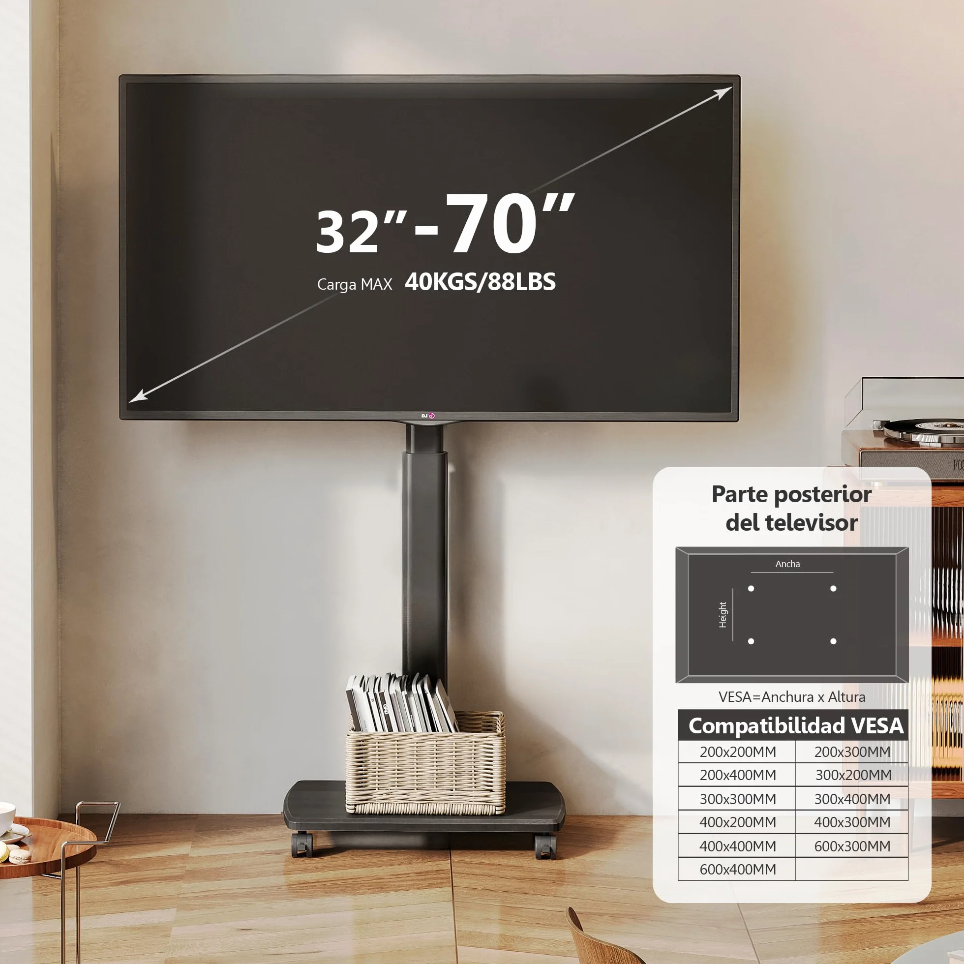 FITUEYES Soporte TV con Ruedas Serie E Base Madera 32-70 Pulgadas MAX VESA 600x400mm Giratorio Ajuste Altura