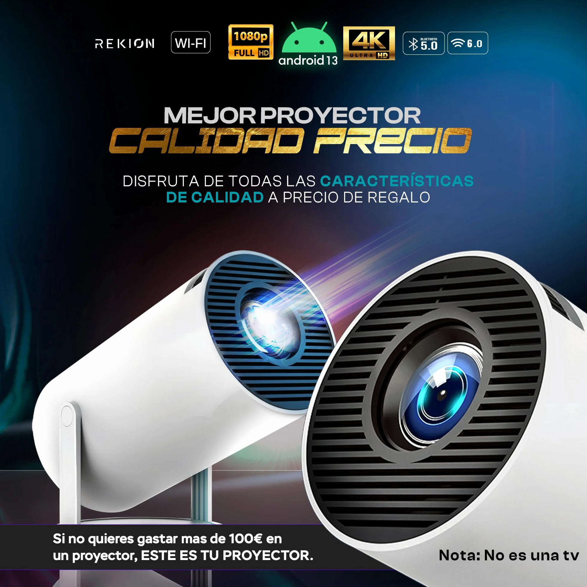 REKION® [Apps INTEGRADAS] Super Pack Mundial Proyector Portatil HY.300 4K + Pantalla 60 Pulgadas | HDMI Incluido + 1080P Full HD 250 ANSI 9000 Lúmenes | WiFi 6 Bluetooth 5.0 | Android 13 | 180°