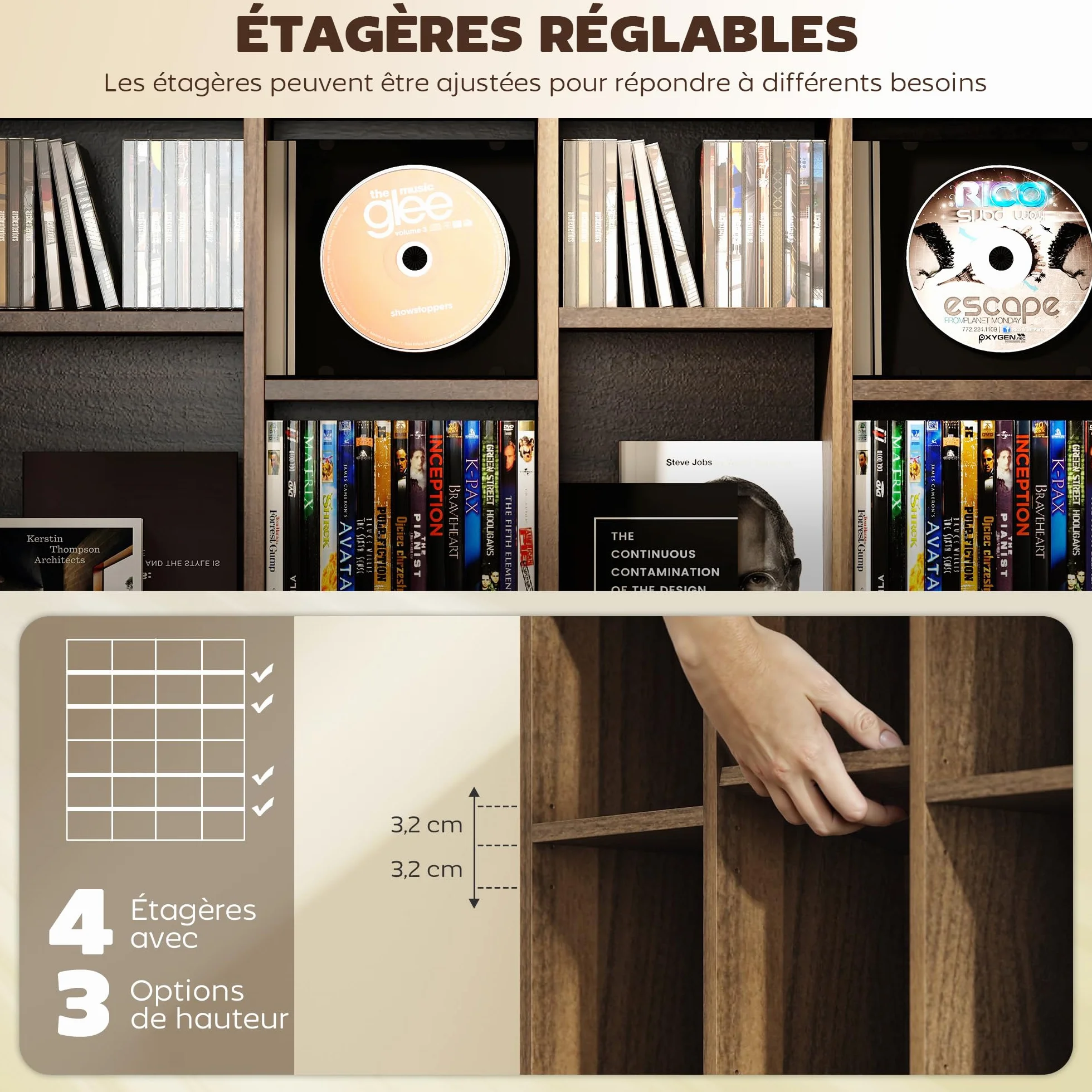 HOMCOM Almacén para CD y DVD, Estante de Almacenamiento, Capacidad máx. 456 CD/336 DVD, 24 Compartimentos y estantes Ajustables, para Oficina, salón, Dormitorio, 89 x 20 x 130,5 cm, marrón