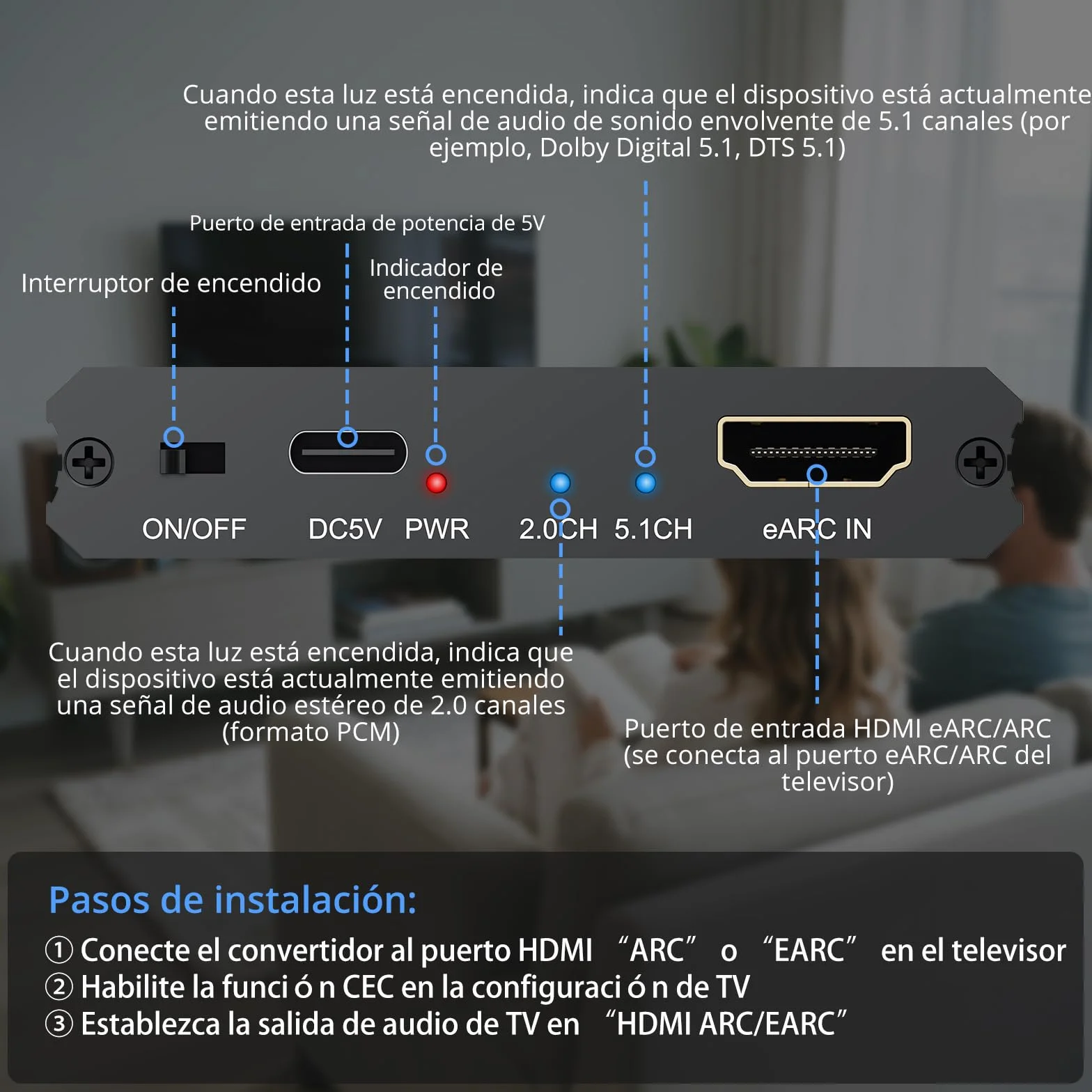 CAMWAY Extractor de Audio eARC/ARC, Adaptador eARC/ARC a Óptico+RCA+3.5m,Compatible con Sonido 5.1/2.0 Canales, con Cable Óptico y HDMI, para Sistemas de Cine en Casa/Amplificadores/Barra de sonido