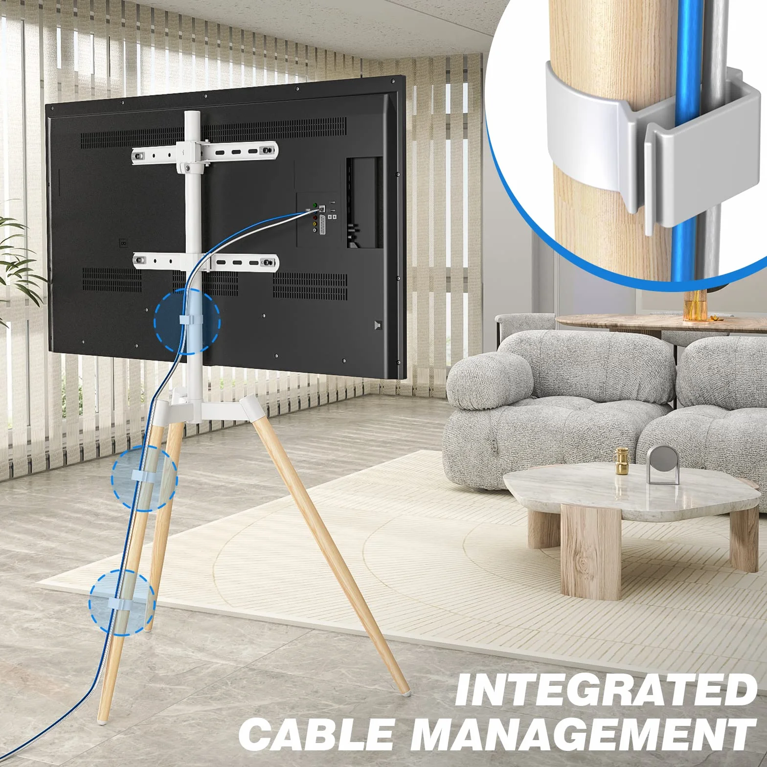 Soporte Television Pie Suelo Trípode - Rfiver Soporte TV Giratorio Madera para 32-65 Pulgadas Televisor - Blanco Alto Altura Ajustable TV Stand con Patas de Madera | MAX Vesa 400 * 400mm 35kg