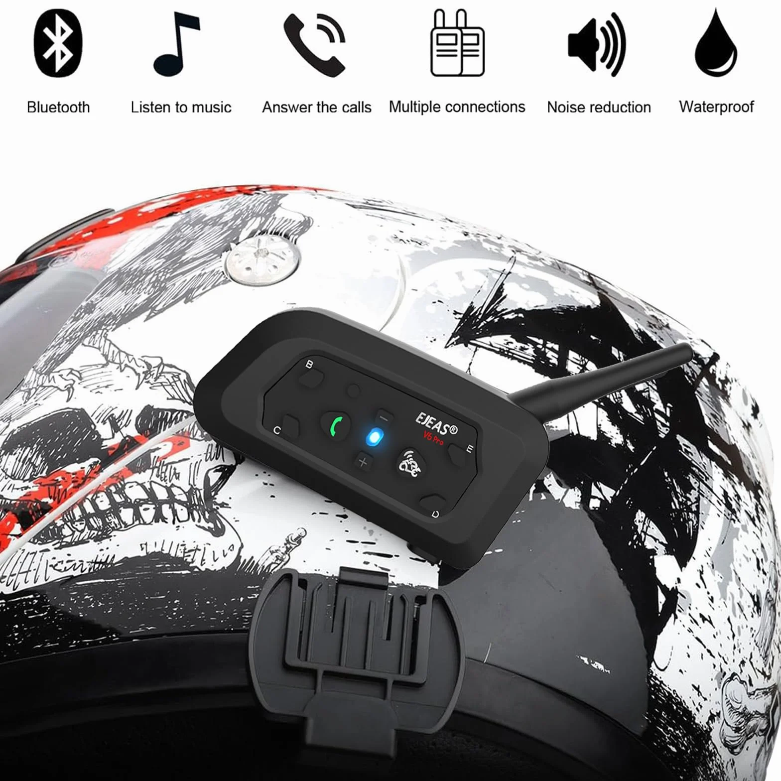 Ejeas V6 Pro Intercomunicador Bluetooth para Motocicletas, Gama Comunicación Intercom de 1200m, intercomunicador Casco Moto, Impermeabilidad, Intercomunicacion Entre 6 Motociclistas