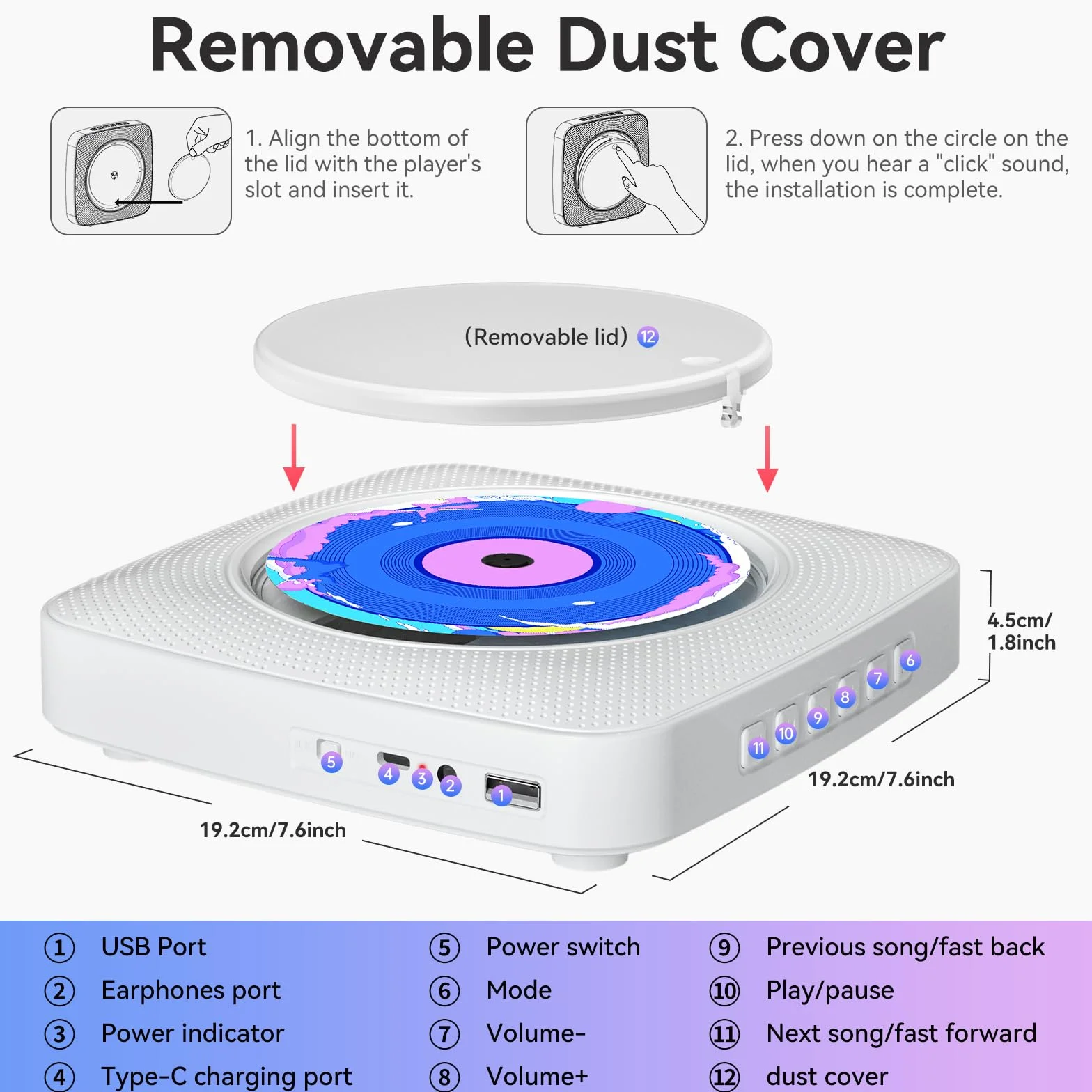 Reproductor de CD Portatil: Kegaudio Reproductor CD Bluetooth con Altavoces Mando a Distancia Bluetooth sobremesa montado en la Pared con Soporte Reproducción USB/AUX Blanco