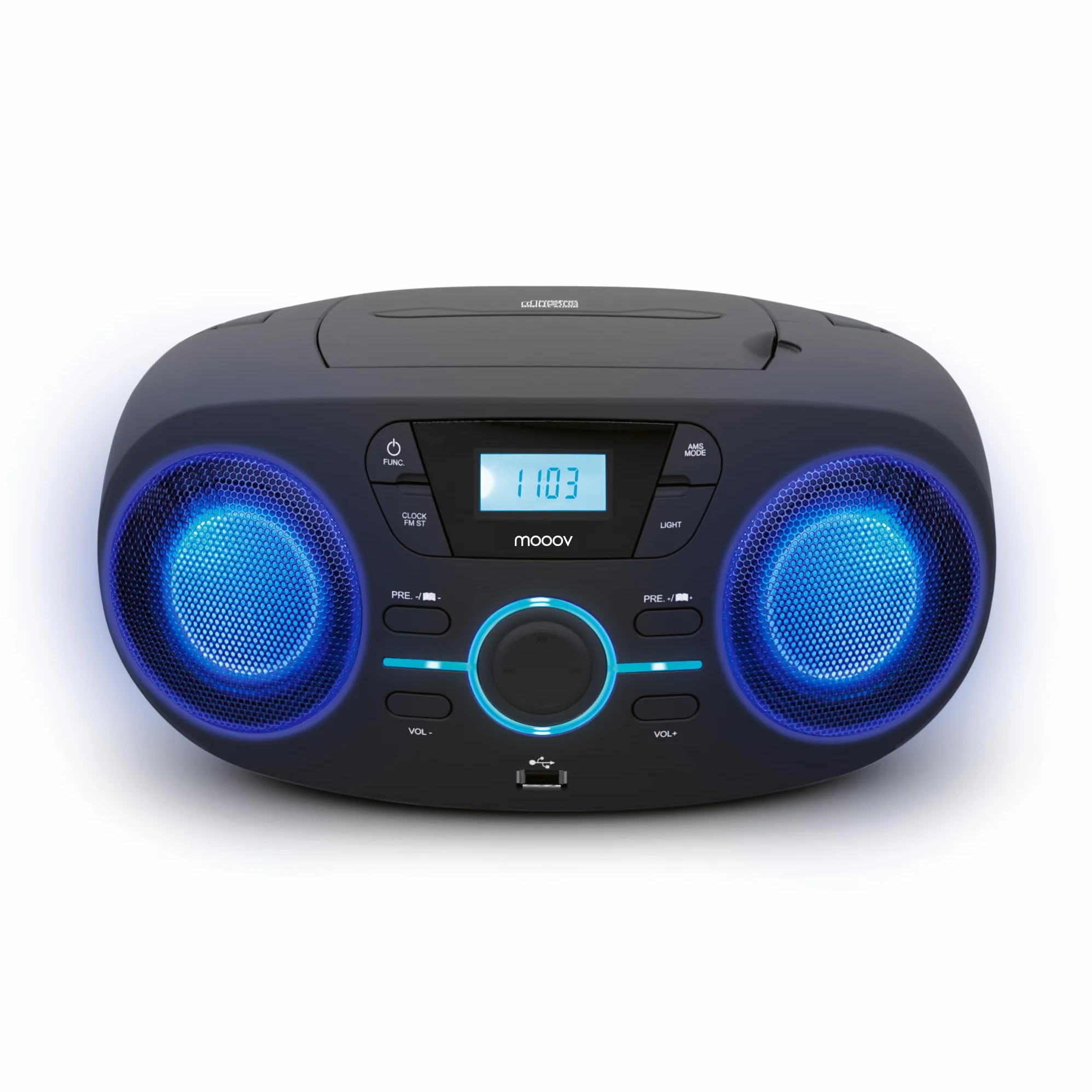 Mooov Reproductor de CD portátil Lector CD Audio CD-R/CD-RW/CD-MP3 Radio FM Puerto USB Negro