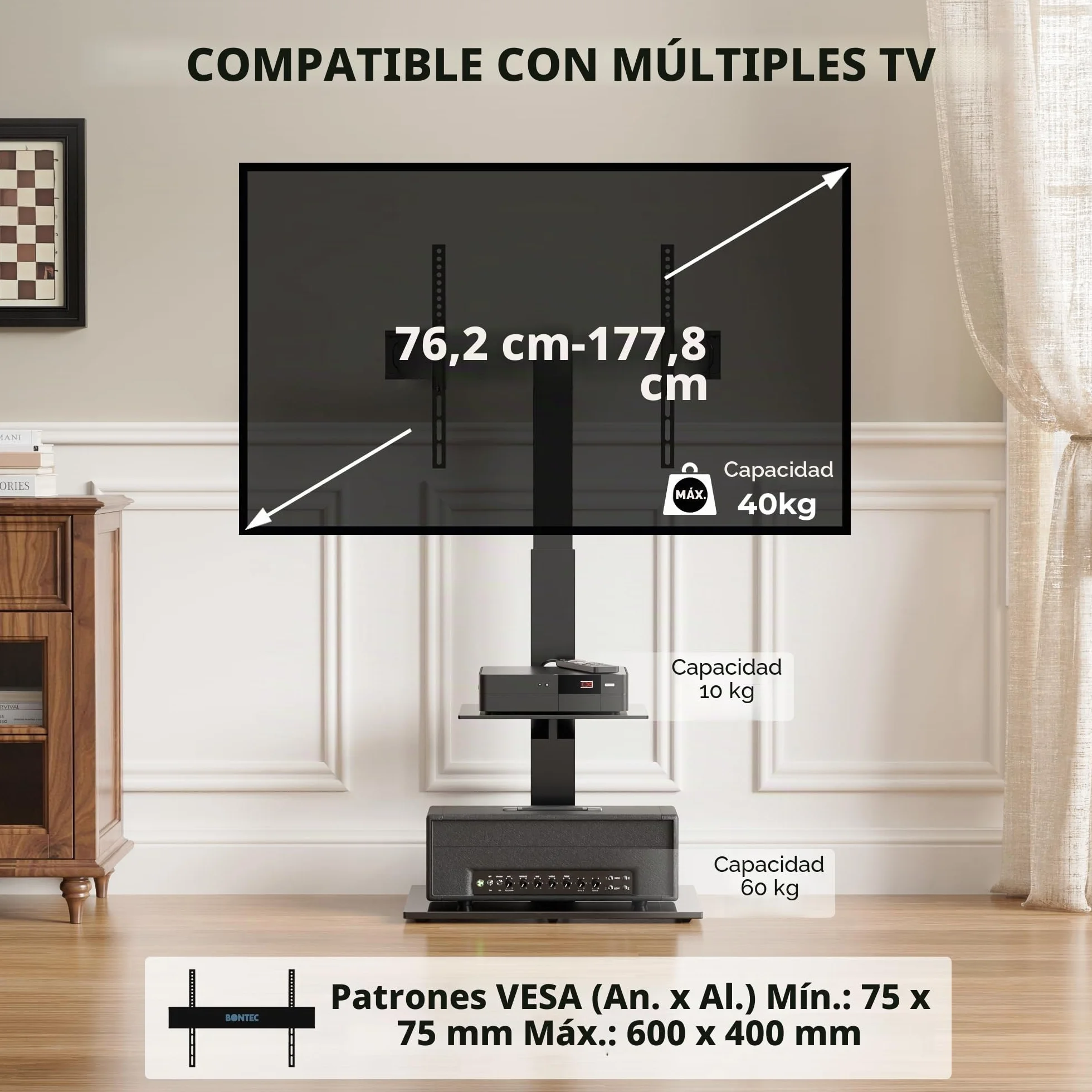 BONTEC Soporte TV Pie Universal 30-70 Pulgadas de Plasma LED OLED LCD, Ajustable en Altura, Soporte TV Suelo con Estantes de Vidrio Templado de 2 Niveles, hasta 40 Kg, VESA MÁX. 600x400 mm