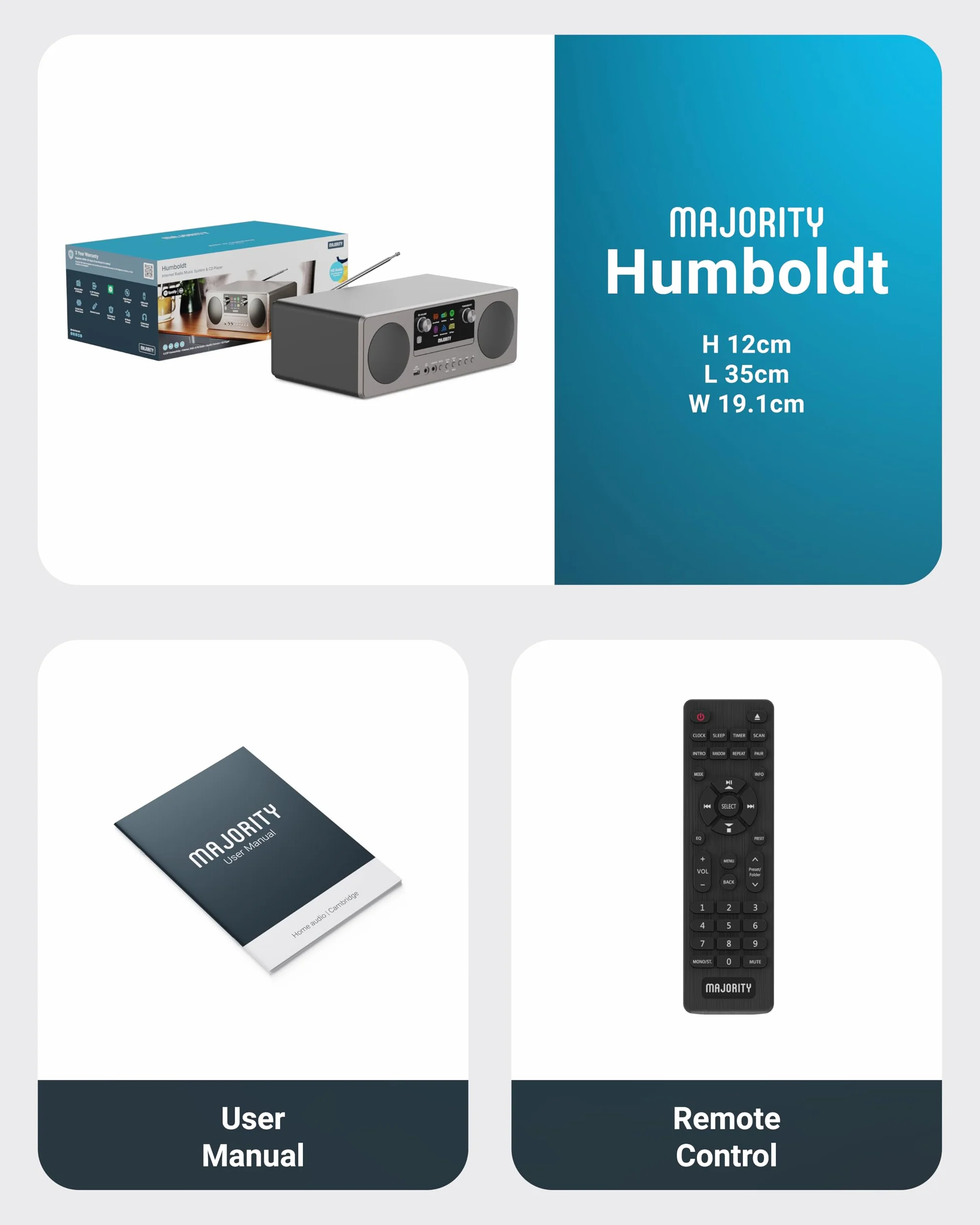 MAJORITY Humboldt Internet Radio Dab+ Reproductor de CD Sistema de Música I Spotify Connect I Bluetooth I Podcasts I Reloj Despertador Dual