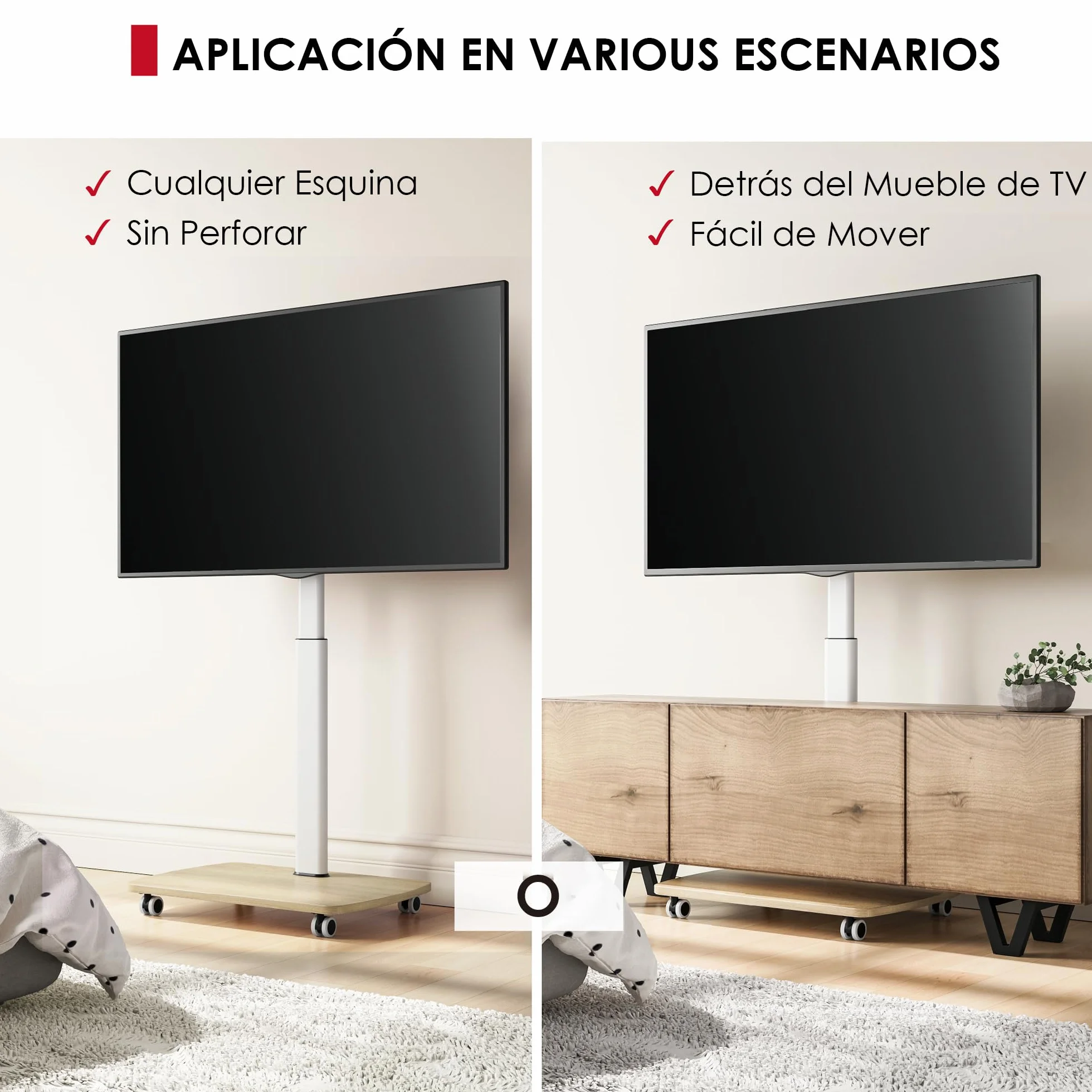 AOKCOS Soporte de suelo para TV móvil con estante de madera, soporte de TV con ruedas para televisores planos y curvados de 43 a 75 pulgadas de hasta 50 kg, altura ajustable, soporte giratorio para TV