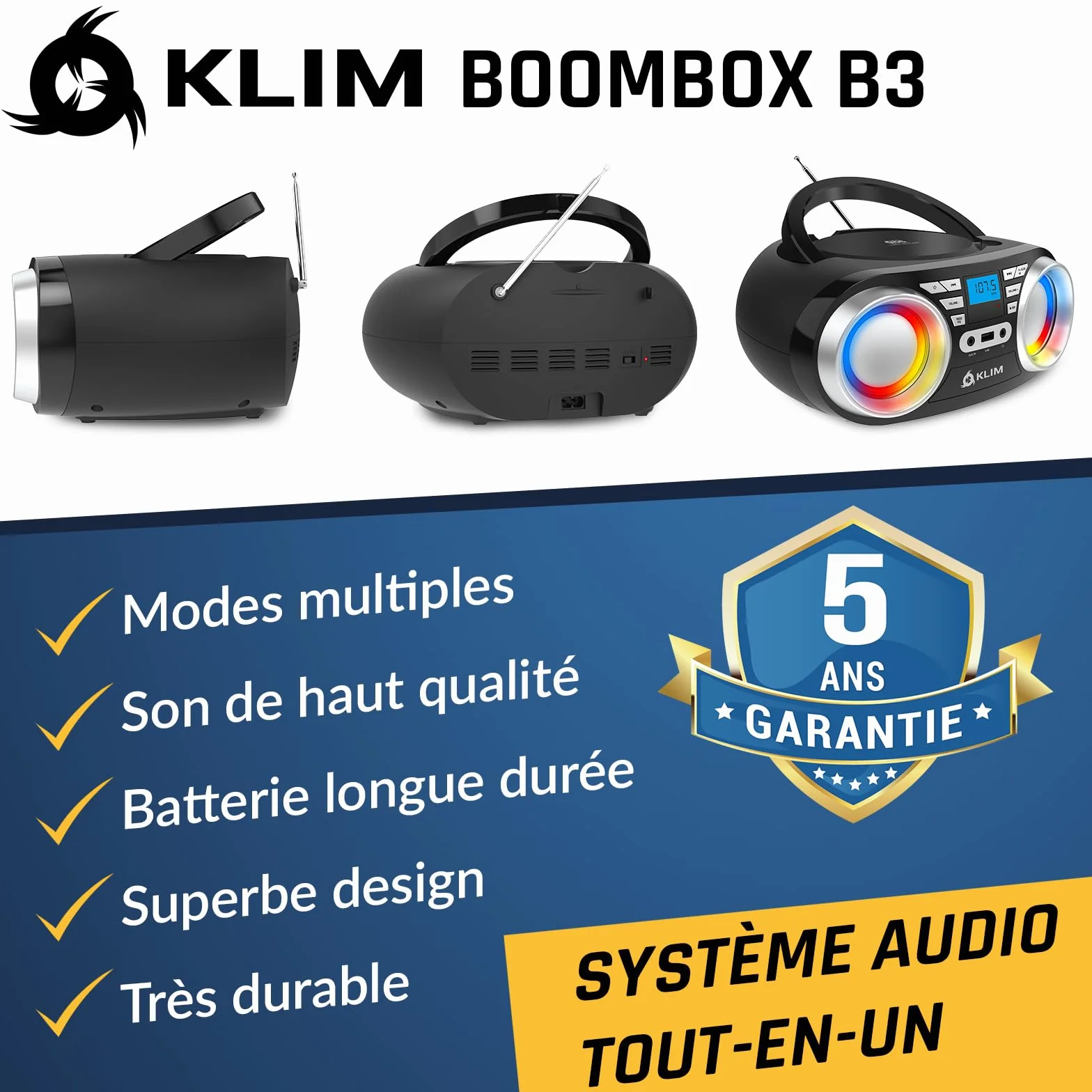 KLIM Boombox B3 Reproductor CD portátil Radio FM Bluetooth USB AUX LED RGB Inalámbrico Batería Recargable EQ Digital