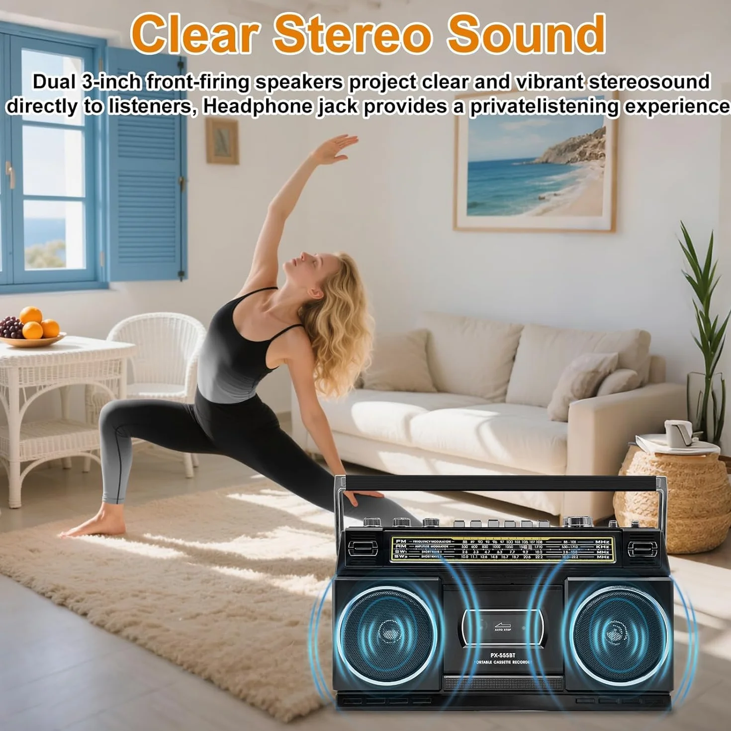 Reproductor de casetes con Bluetooth y radio (AM/FM/SW) | Digitalización de casetes a USB | Sonido estéreo, 10W, reproductor de casetes, reproducción USB/TF, alimentación por red/batería Boombox