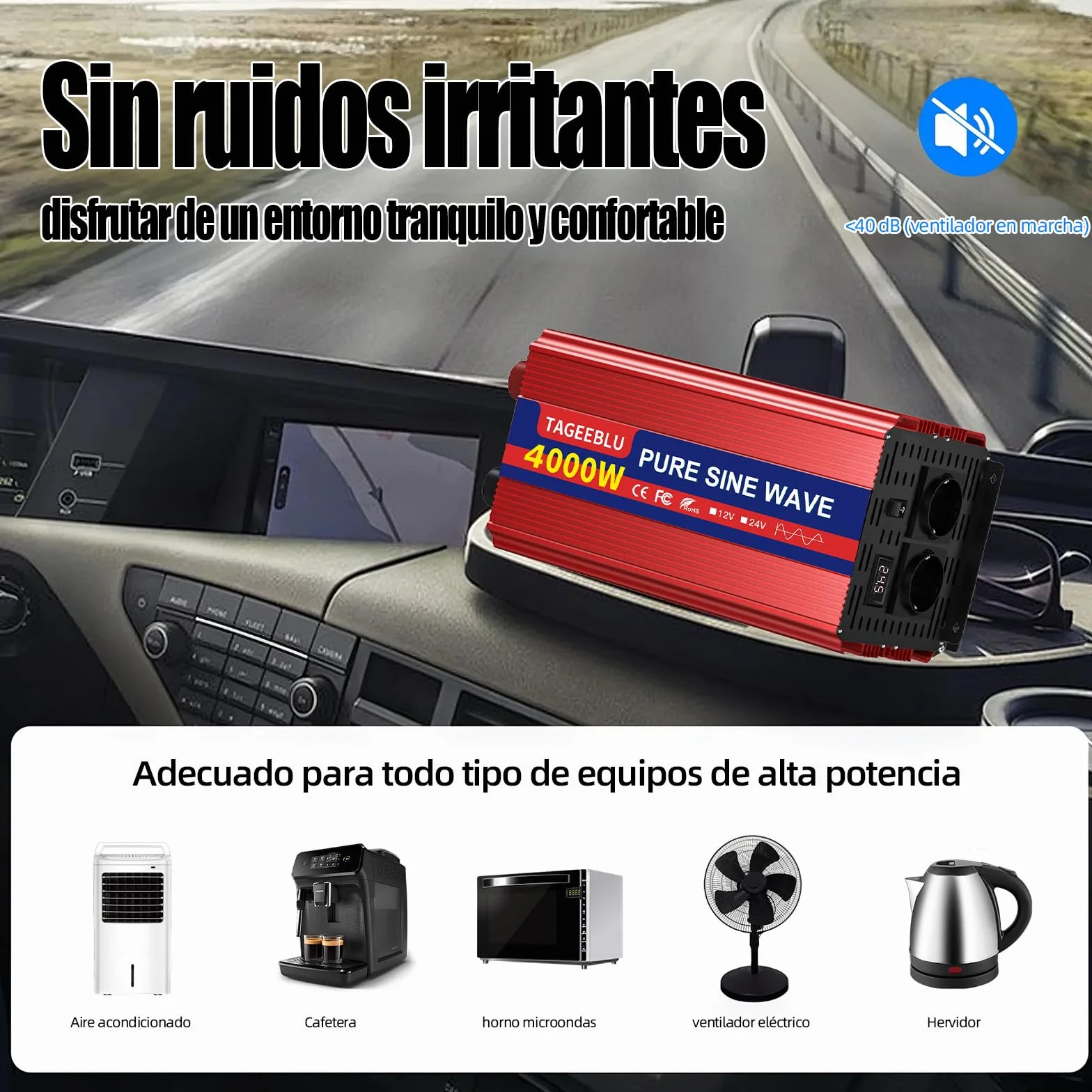 4000W Inversor 24v 220v Onda Pura, Transformador 24v a 220v camion con 2 AC Tomas, Pantalla LCD