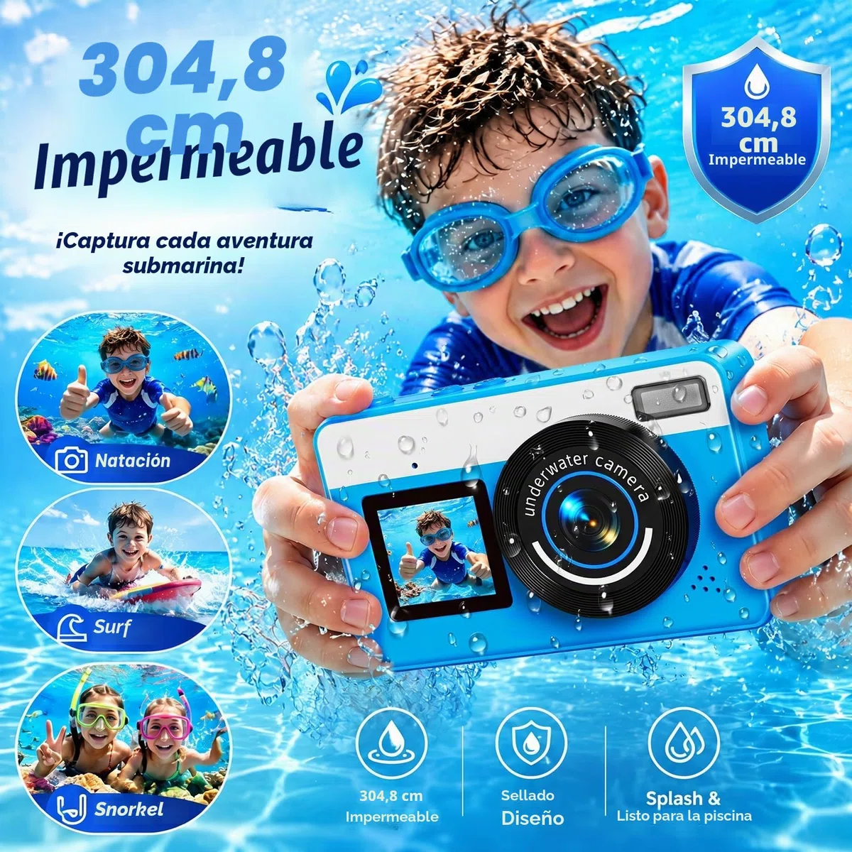 Maxmango D70 Cámara Acuática 4K 48MP, Cámara Impermeable 10FT para Piscina y Playa, Doble Pantalla Autofocus Zoom 18X, Cámara Flotante Regalo para Adolescentes y Principiantes con Tarjeta 16GB, Azul