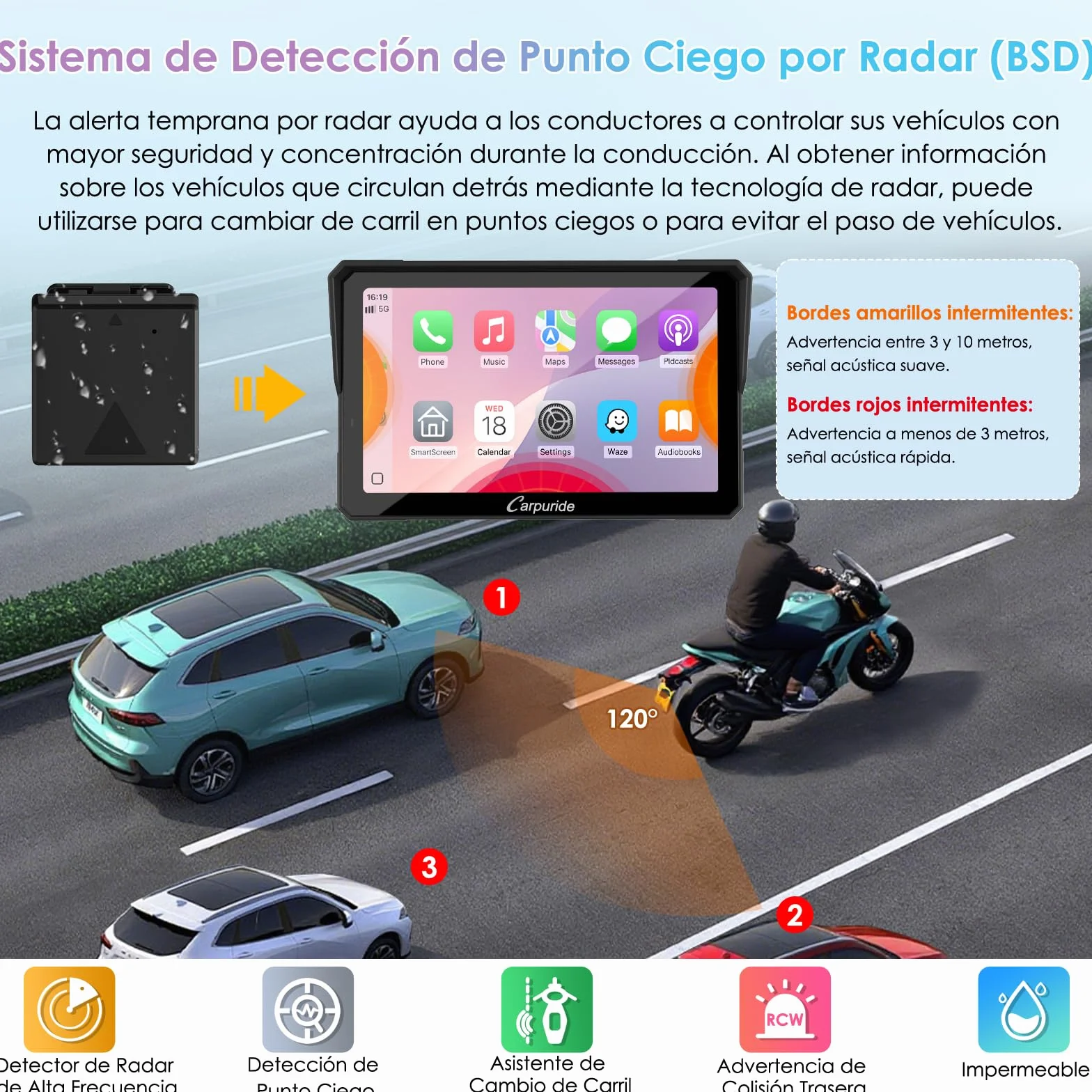 CARPURIDE W702RS Pro Motocicleta Carplay Pantalla con Radar BSD y BM05 Soporte, Inalámbrico CarPlay y Android Auto, 7" Impermeable Táctilpantalla, Intercomunicador, Dual Bluetooth, Cable Controlador.