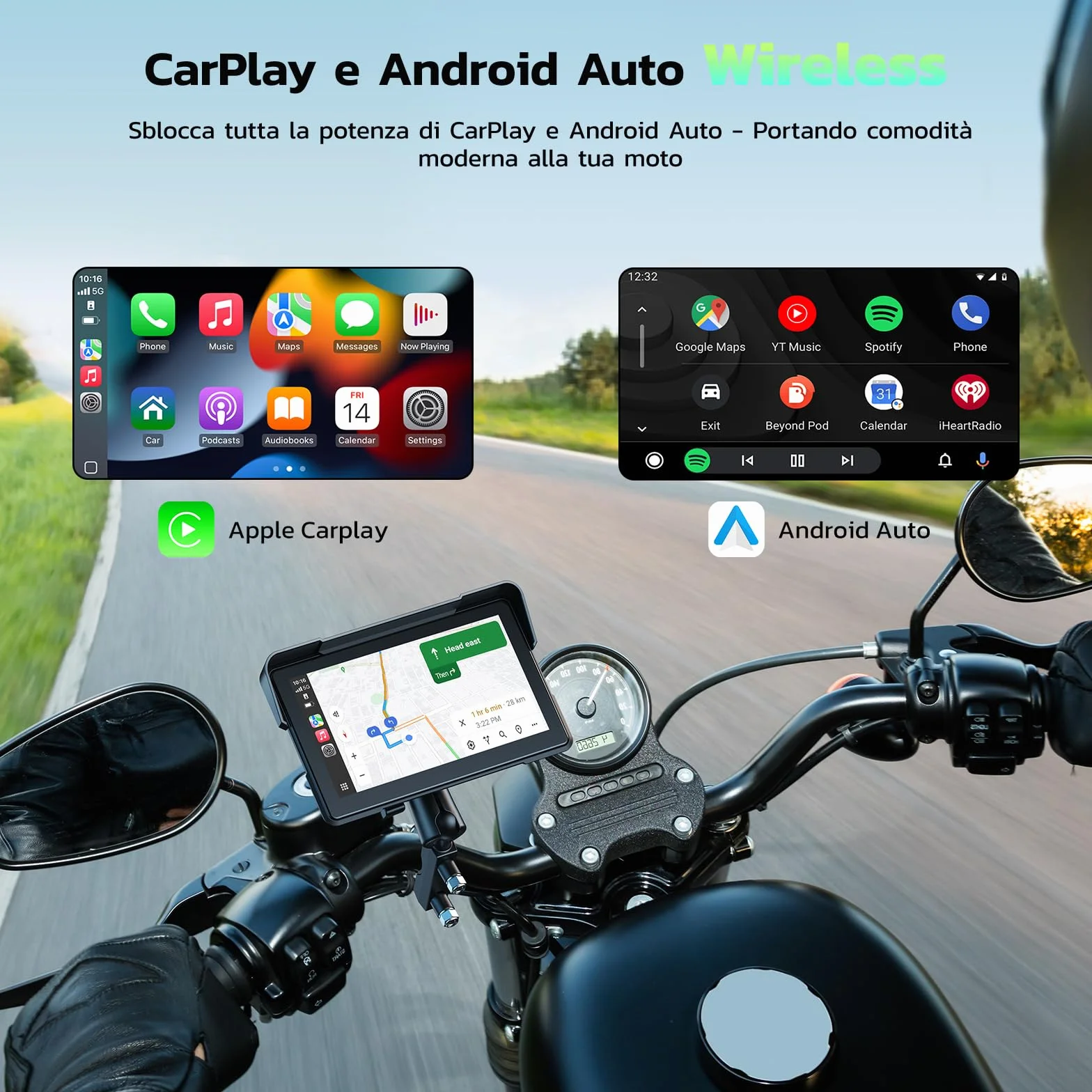 LAMTTO CarPlay Pantalla para Motocicleta 7 Pulgadas IPx7 Impermeable Inalámbrico Bluetooth GPS