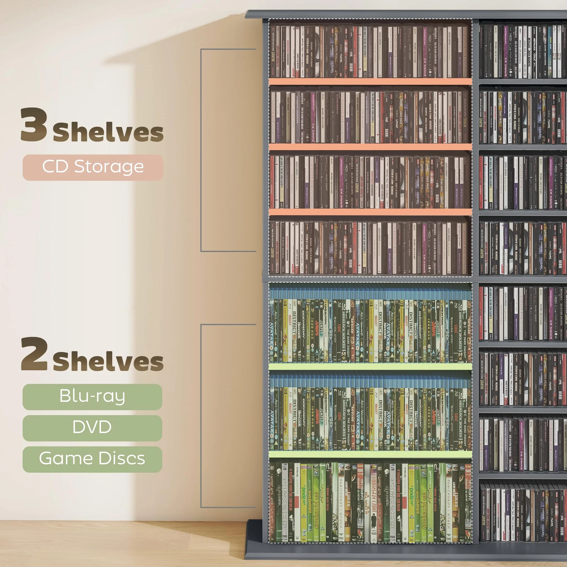 HOMCOM 720 CD/396 DVD Storage Unit, 396 Blu-ray Media Storage Shelf with 16 Compartments and 12 Adjustable Shelves, CD Tower for Living Room, Bedroom, Office, Gris