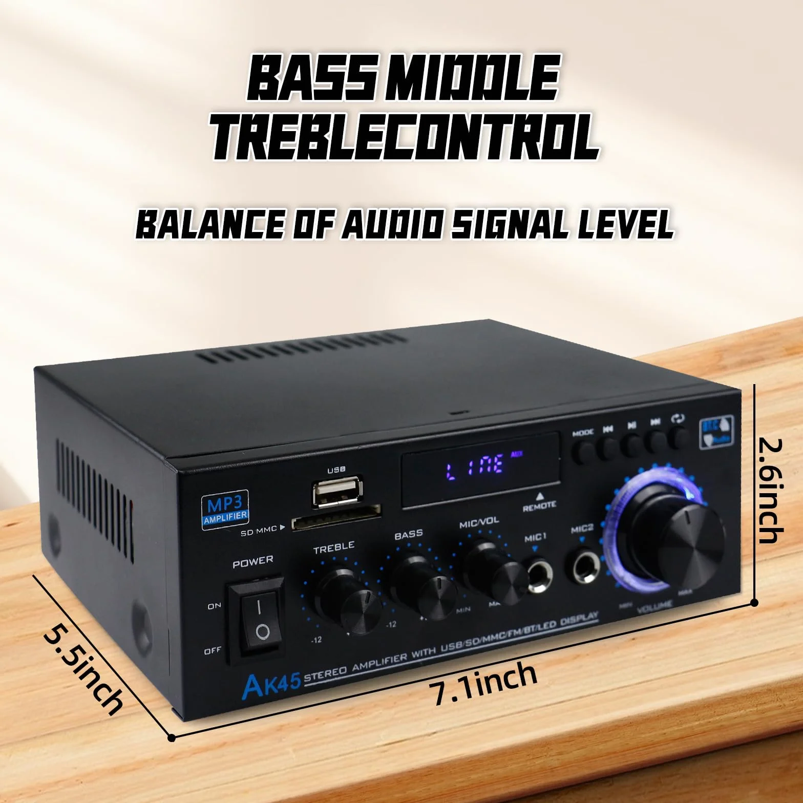 Romicta Amplificador Audio HiFi Estéreo 600W 2 Canales, Bluetooth 5.0, 12V/220V, Pantalla LCD, Alta Fidelidad, Radio FM Portátil, Entrada SD/USB, para Hogar o Coche