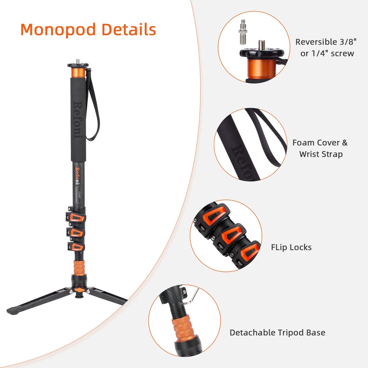 Monopié de Fibra de Carbono, Refoni C304F Monopié de 173 cm con pies de Apoyo para Hacer Frente a Todos los Kits DSLR o Mirroless más Grandes, con una Capacidad de Carga máxima de 20 kg