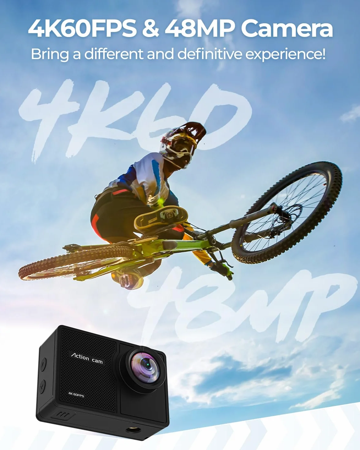Cámara Deportiva 4K 60FPS 48MP WiFi con Tarjeta SD 64G, 170° EIS, Subacuática 40M, 2 Baterías 1350mAh
