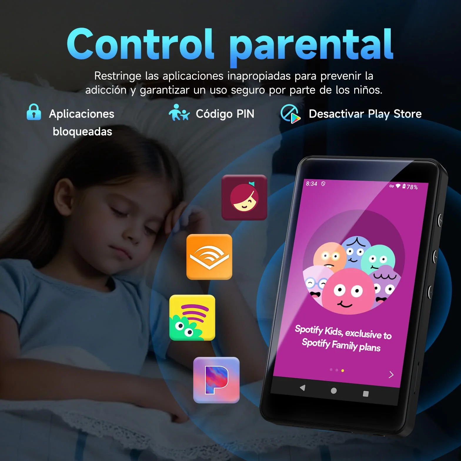 Reproductor MP3 Android 14 con Spotify, Play Store, Amazon Music, Audible, Libby, Reproductor de música MP4 con Pantalla táctil de 4" para niños con Control Parental, Modo Eye-Care (Negro Brillante)