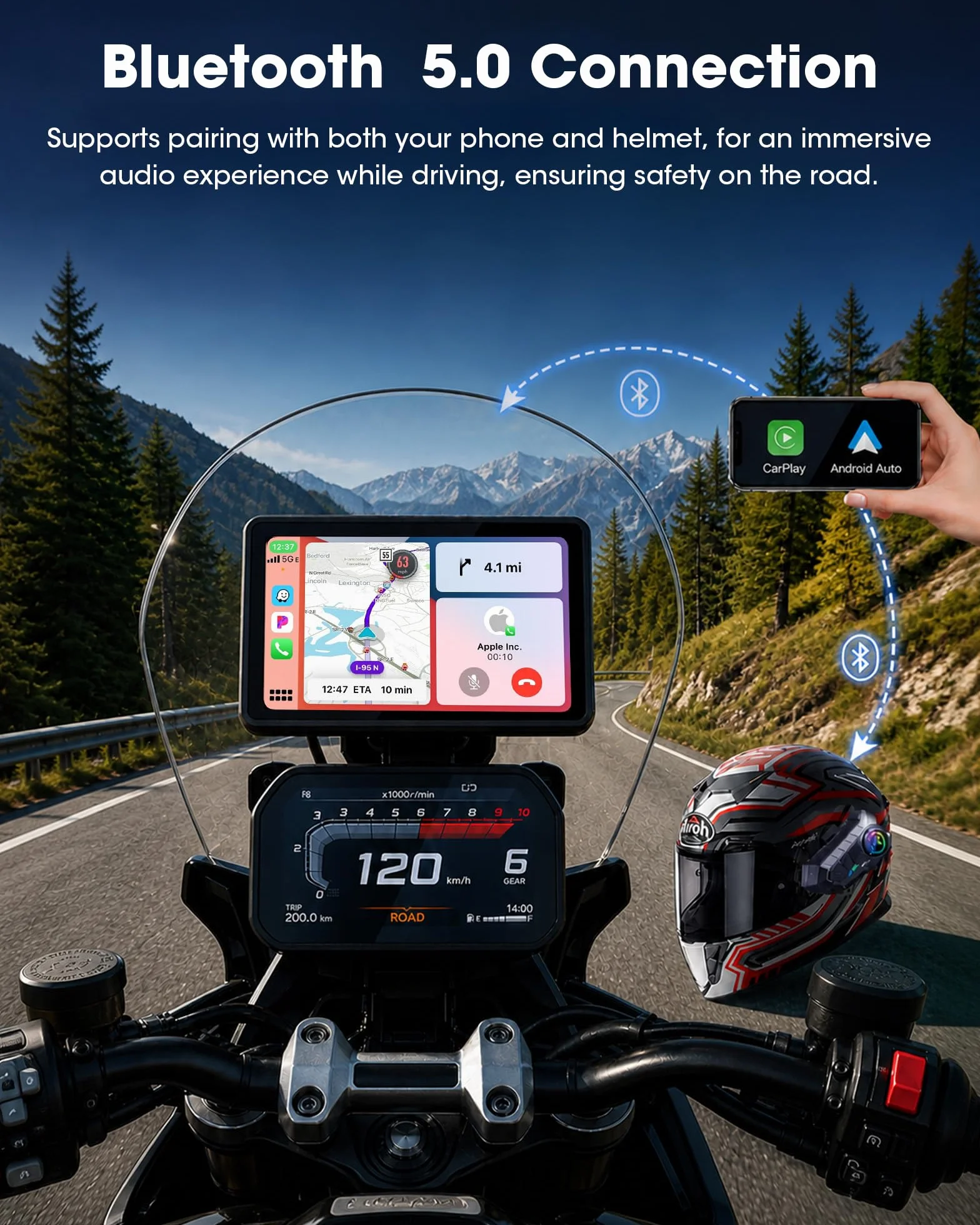 Universal Carplay Moto Soporte Adaptador Corriente GPS Navegador 5 Pulgadas Pantalla Táctil Impermeable 1000 nit Android Auto
