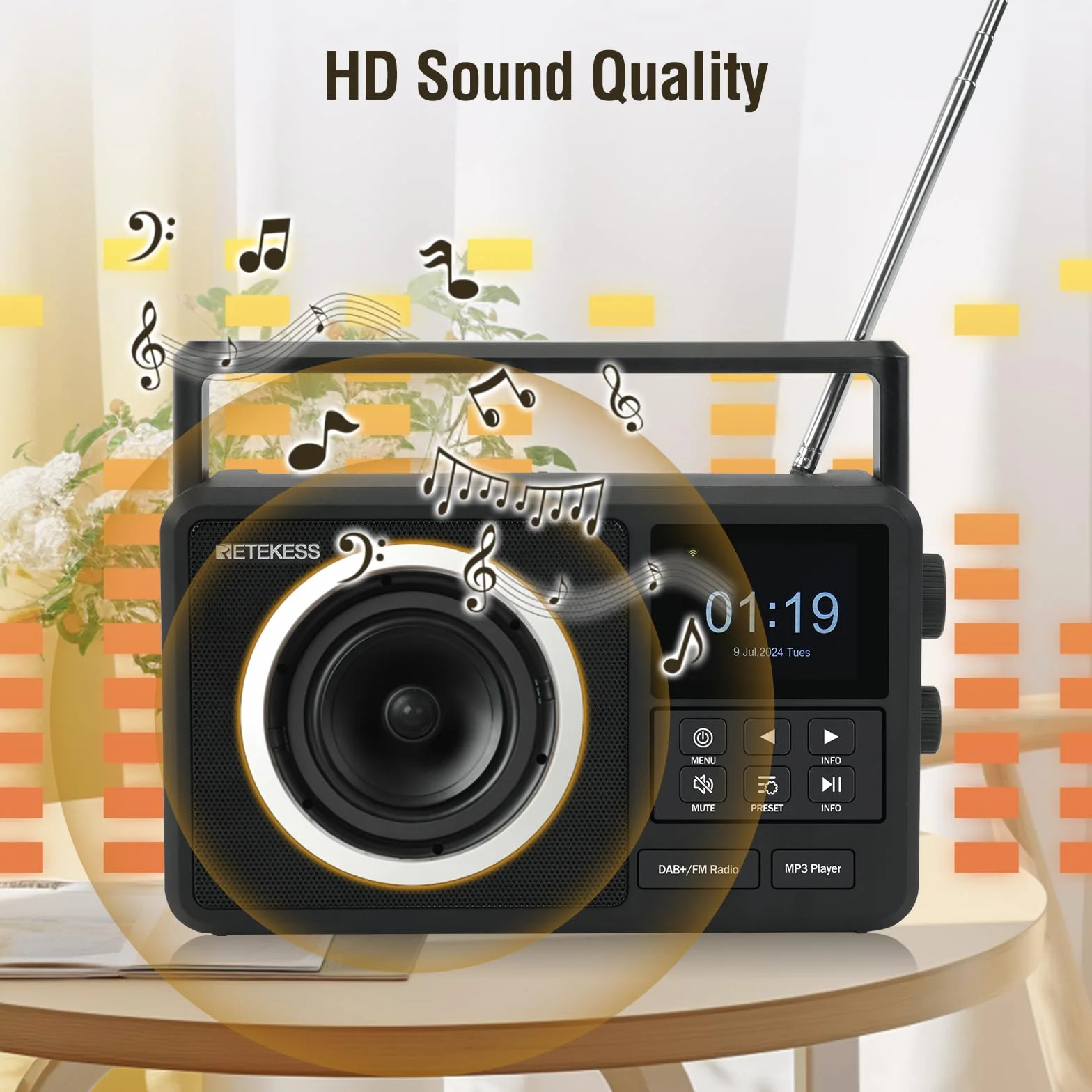 Retekess TR640 Radio por Internet,Radio Digital Dab,Digital FM,Apta para Entusiastas,Silencio con un Solo Toque,Antena Externa,Operación de la Perilla,Personas de Mediana Edad