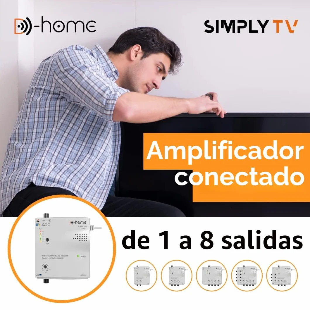 D-Home - Amplificador de TV TNT interior 4 salidas 26dB conectado Filtrado 4G-5G, Funciona con App TV Finder para encontrar la mejor señal.