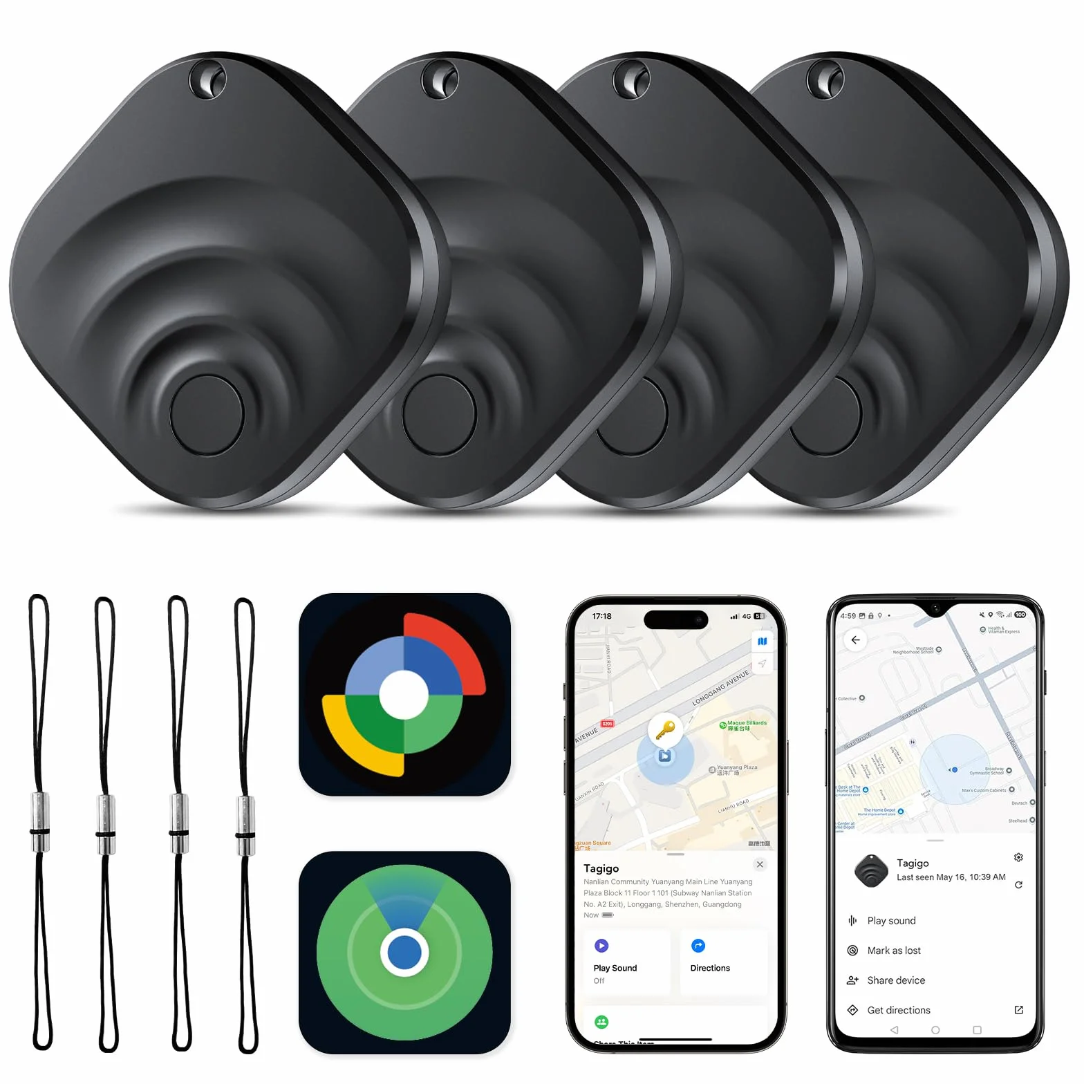 2026 Air Tracker Etiquetas Localizador de artículos para Android y iOS Bluetooth Tracker Etiquetas Inteligentes Compatibles con Apple Find My (iOS) y Google Find Hub (Android) Negro (Paquete de 4)