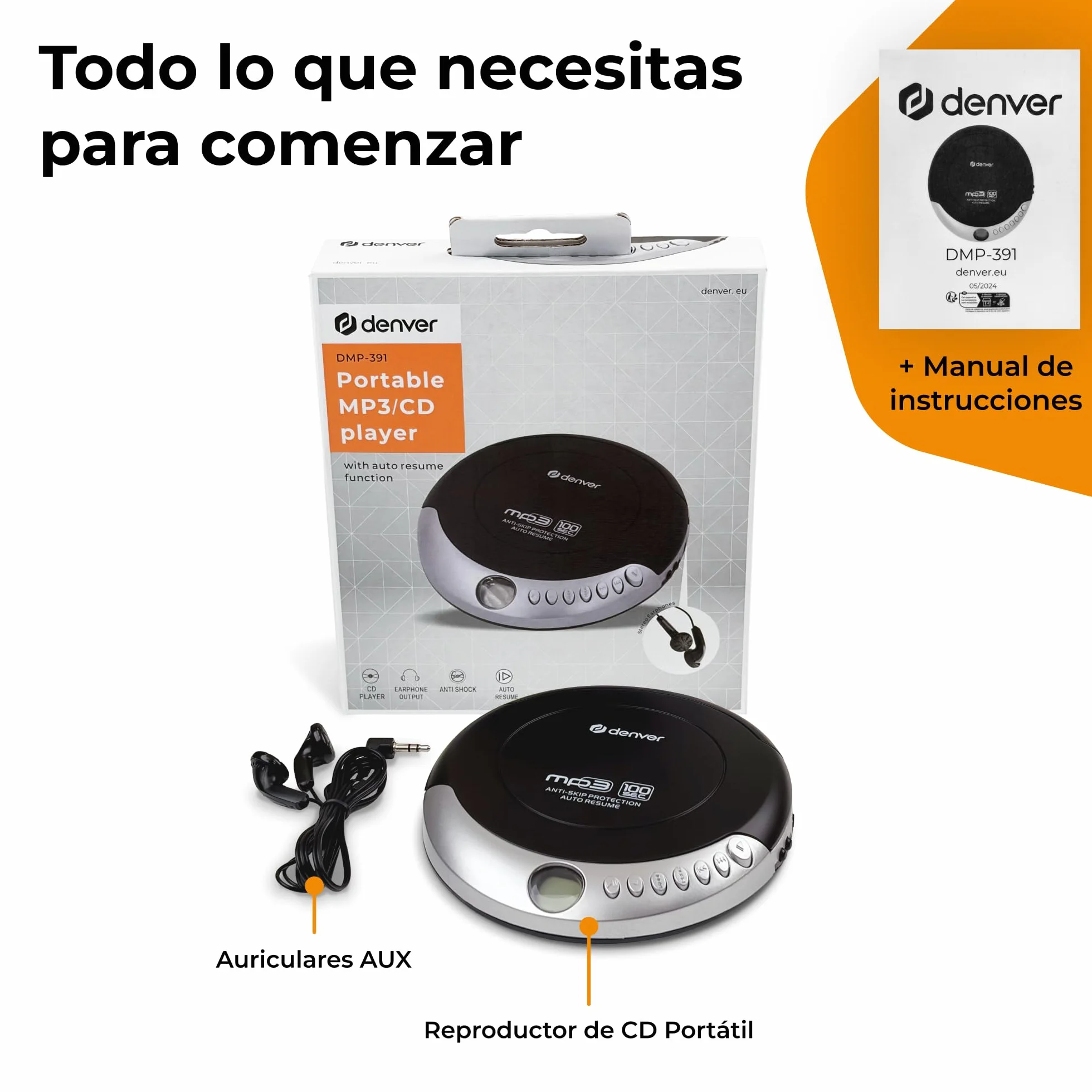 Denver DMP-391 Reproductor de CD/MP3 portátil antishock 40/100 s Auto Resume Bass Boost Pantalla LCD