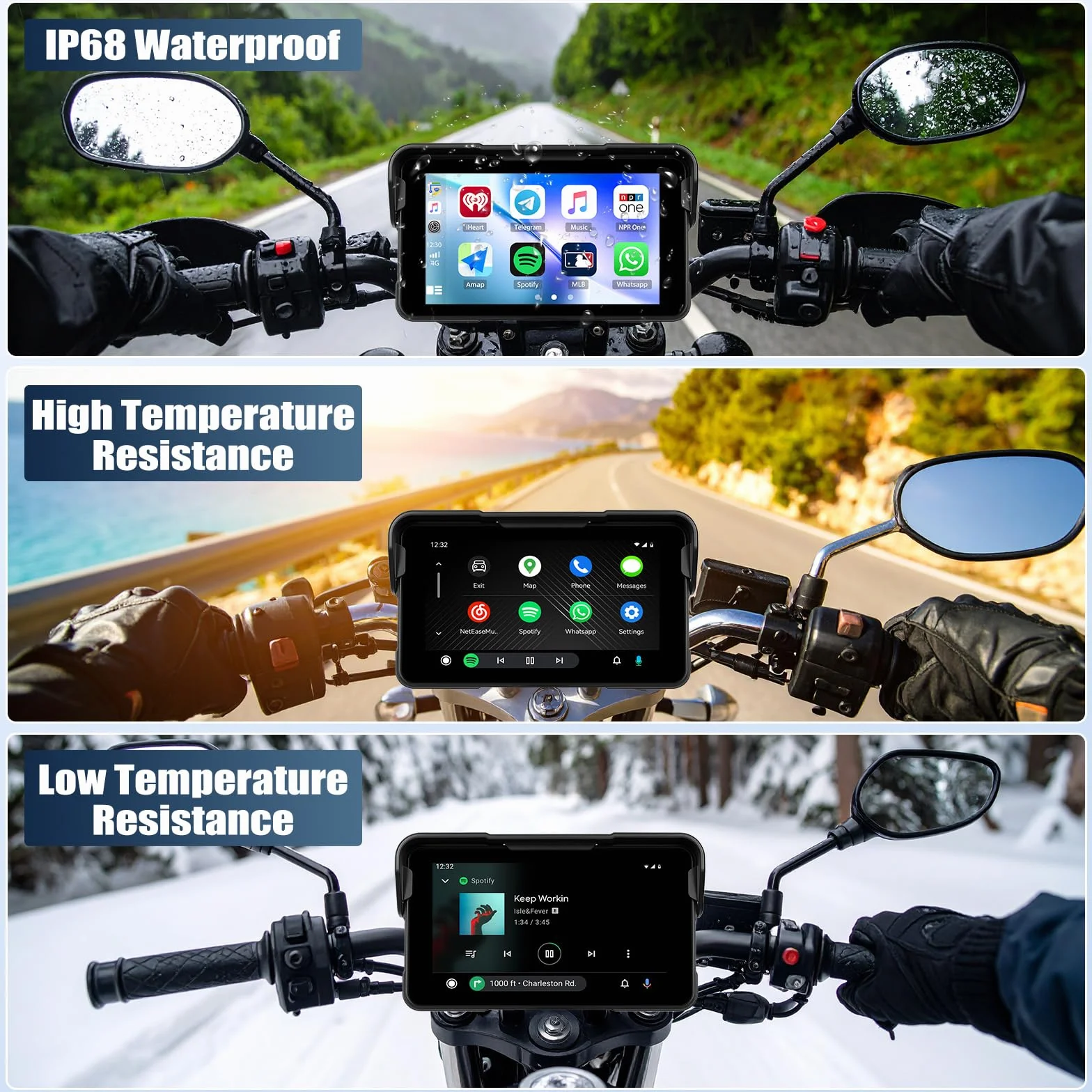 CAMECHO Nuevo 2026 Moto Carplay y Android Auto Wireless para Motocicletas, Pantalla táctil HD Impermeable IP68 de 5 Pulgadas para Motocicletas con navegación/Bluetooth/EQ/detección de presión