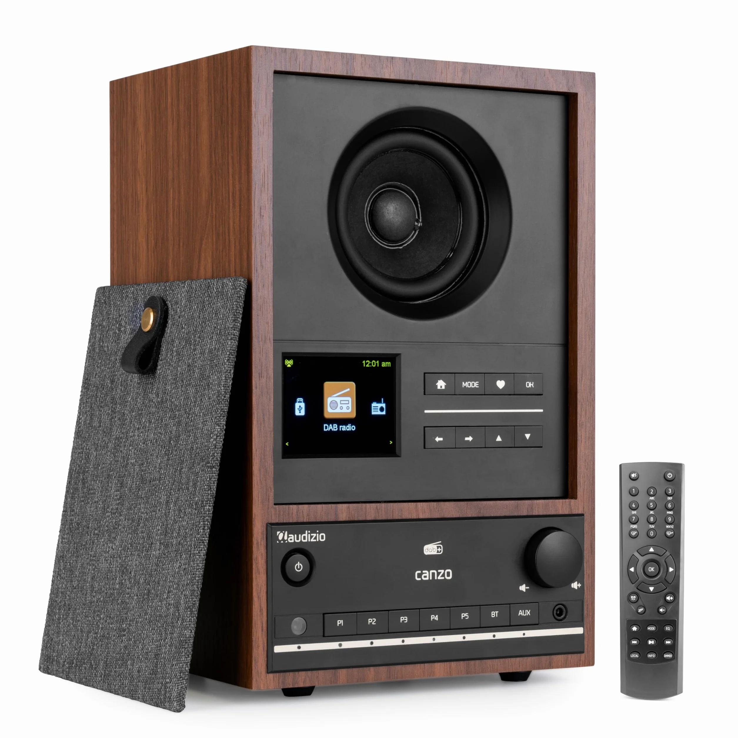 Audizio Canzo - Radio por Internet Dab+ FM con Bluetooth 5.3, USB, Altavoz 40W, Pantalla LCD a Color, WiFi y LAN RJ45, Panel extraíble, Entrada Auxiliar, Mando Incluido, Color Nogal