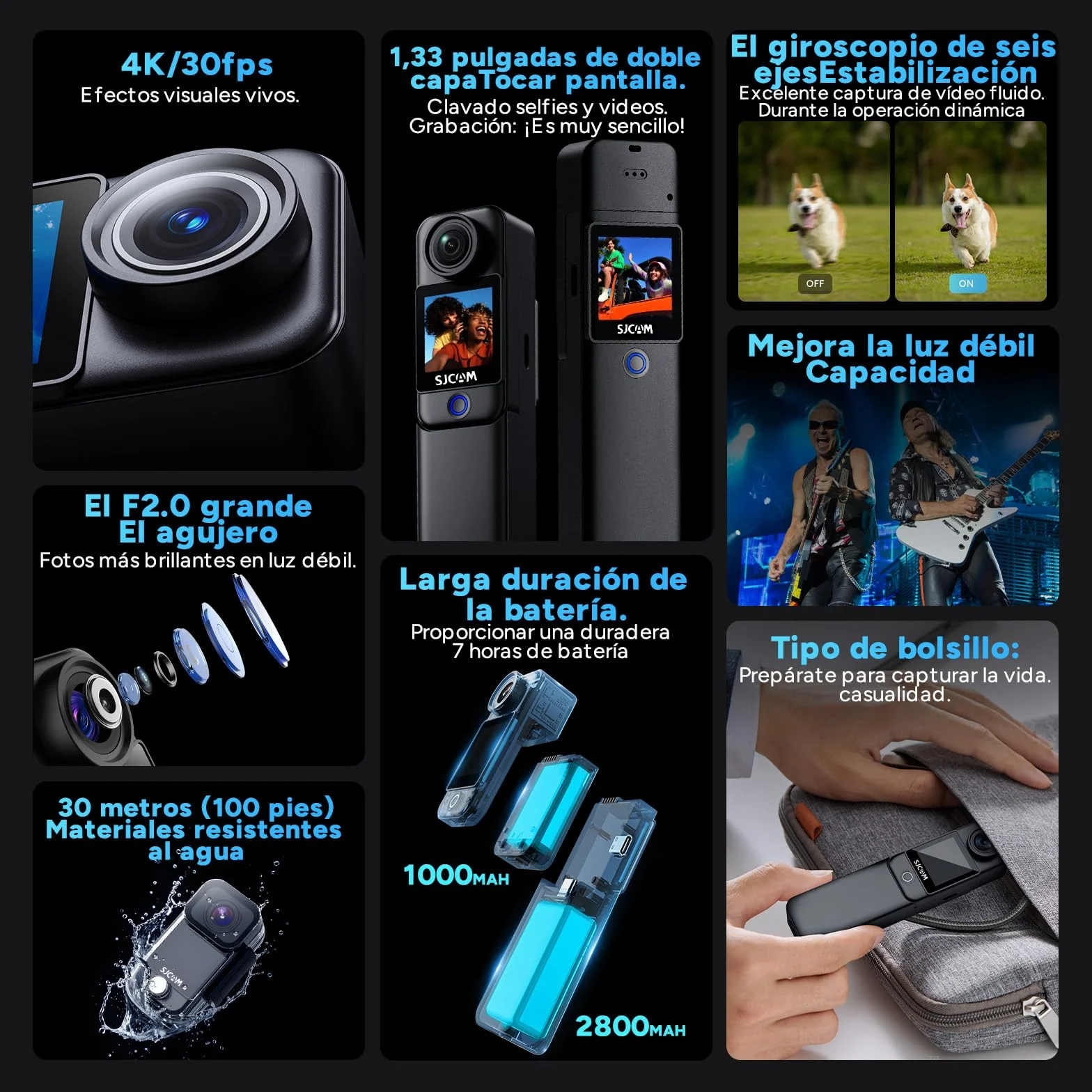 SJCAM C300 Vlog Pack 64G Cámara Vlog con Batería 7 Horas Estabilización 6-Ejes Doble Pantalla Táctil 154° Gran Angular Impermeable Negra