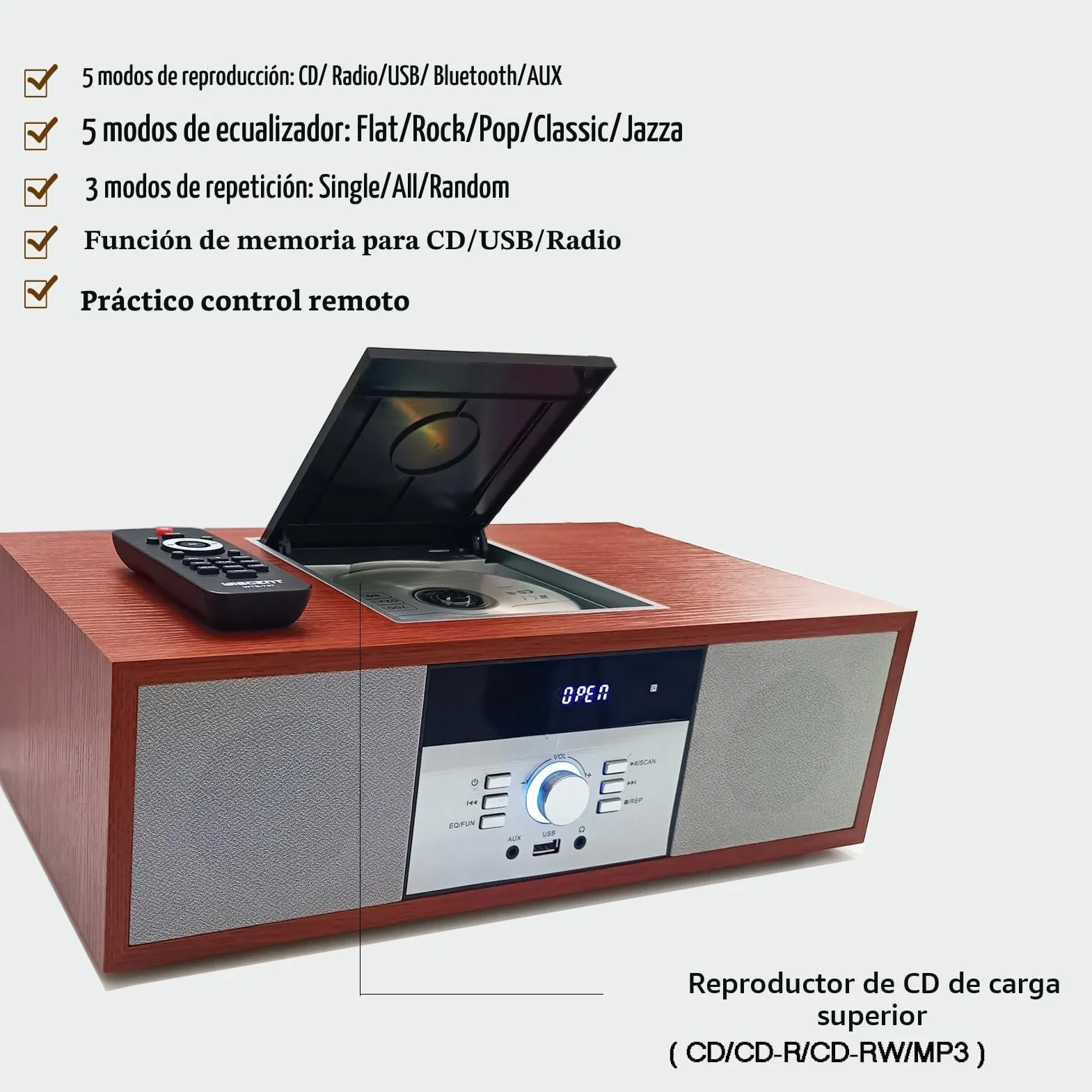 WISCENT Reproductor de CD 30 W RMS con Bluetooth Radio FM USB AUX