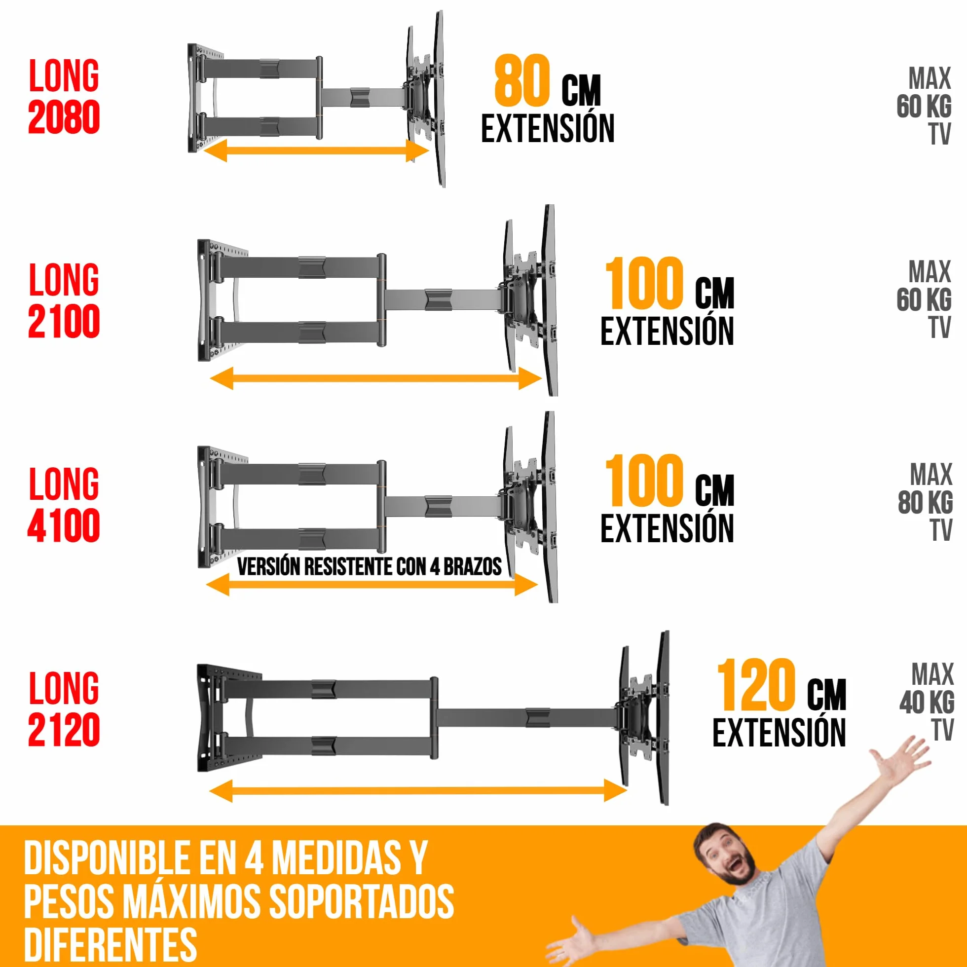 Nanook 2120 Soporte de Pared de Brazo Largo para televisores de 42 a 75 Pulgadas, Extensión Extra Larga de hasta 120 cm, Soporte de TV Que Permite Movimiento Completo, Soporta un Peso de hasta 40 kg