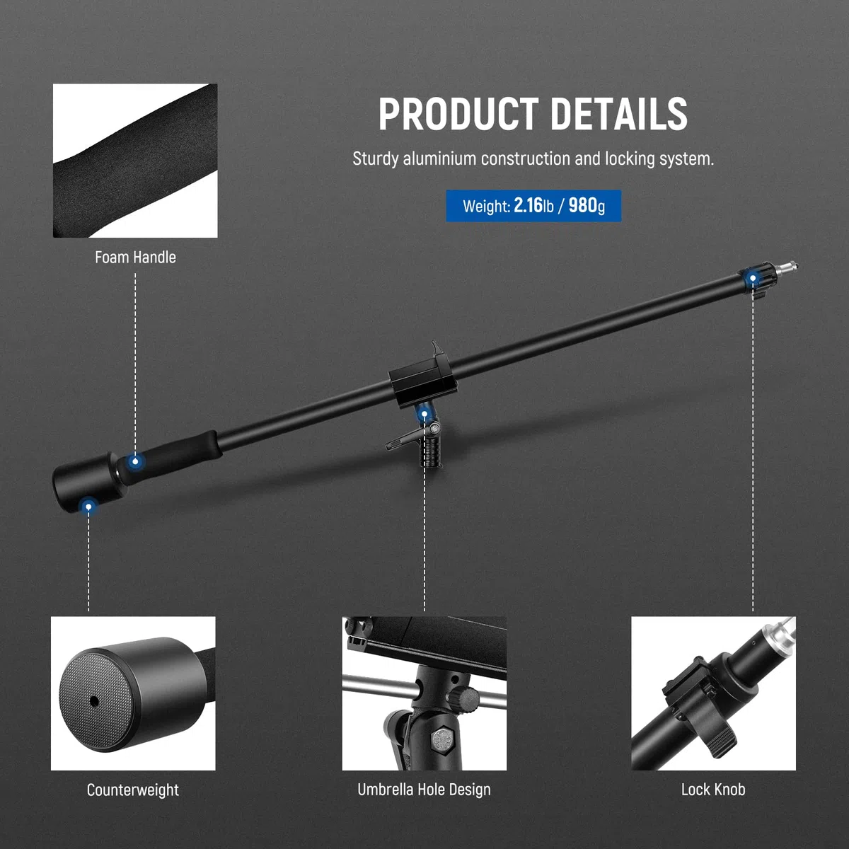 NEEWER Brazo Trípode, 35" a 61" (89 a 155cm) con Contrapeso de 1,5KG y Saco de Arena, Tornillo de 1/4" Compatible con Softbox, Luz de Estudio, Flash, Paraguas, Anillo de Luz, Carga Máxima: 5KG