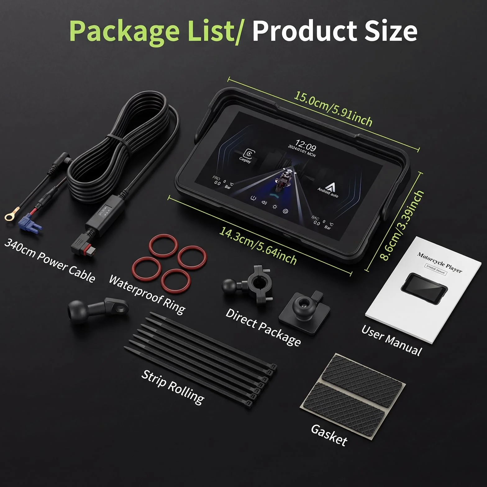 Rimoody Navegador Moto 5 Pulgadas con CarPlay y Android Auto Inalámbrico - GPS para Moto Impermeable IP68, Pantalla Táctil 5'', Montaje Universal, Detección de Presión de Neumáticos 12 V