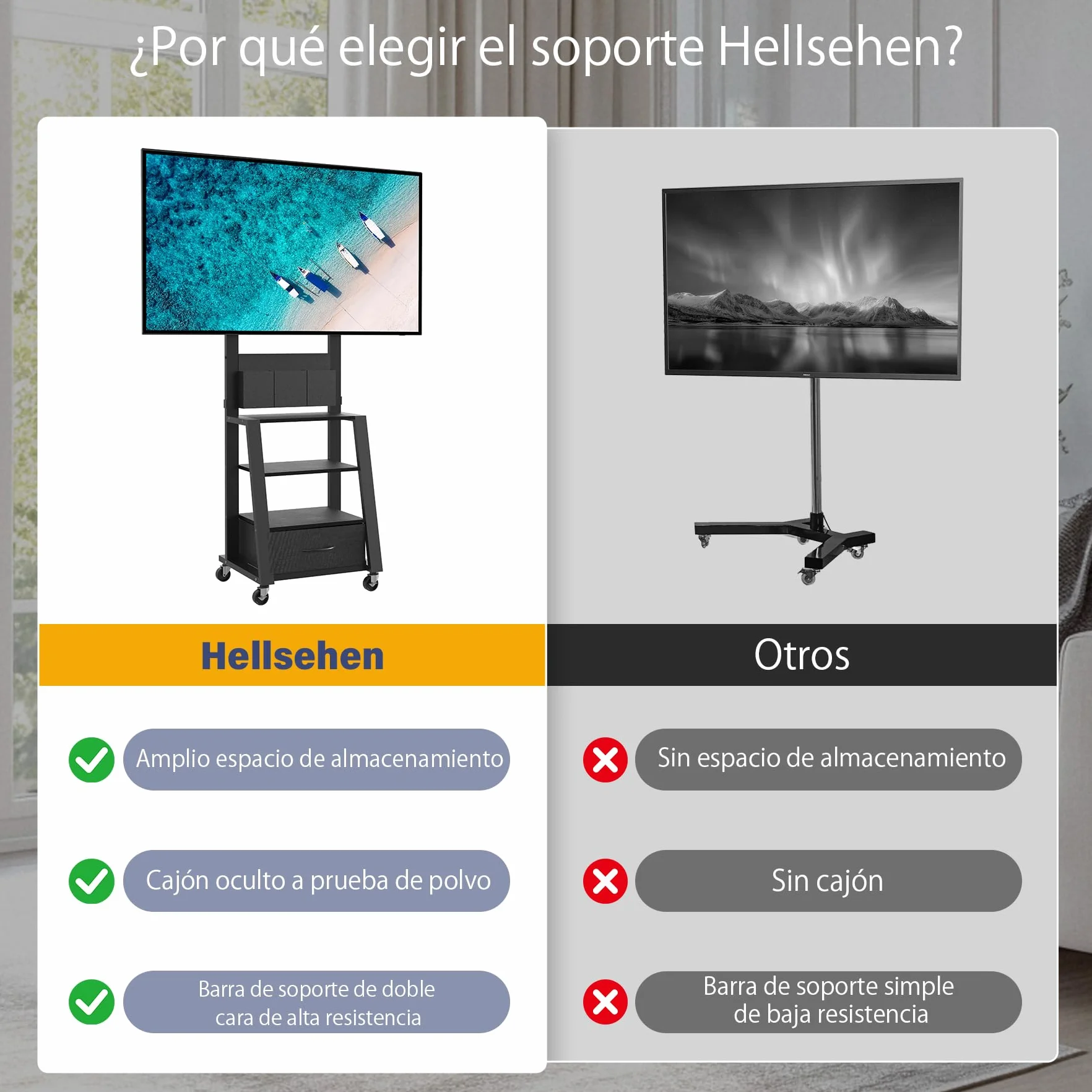 Carrito para TV con soporte móvil, ajustable 23-60", 72kg, VESA 400x400mm, negro