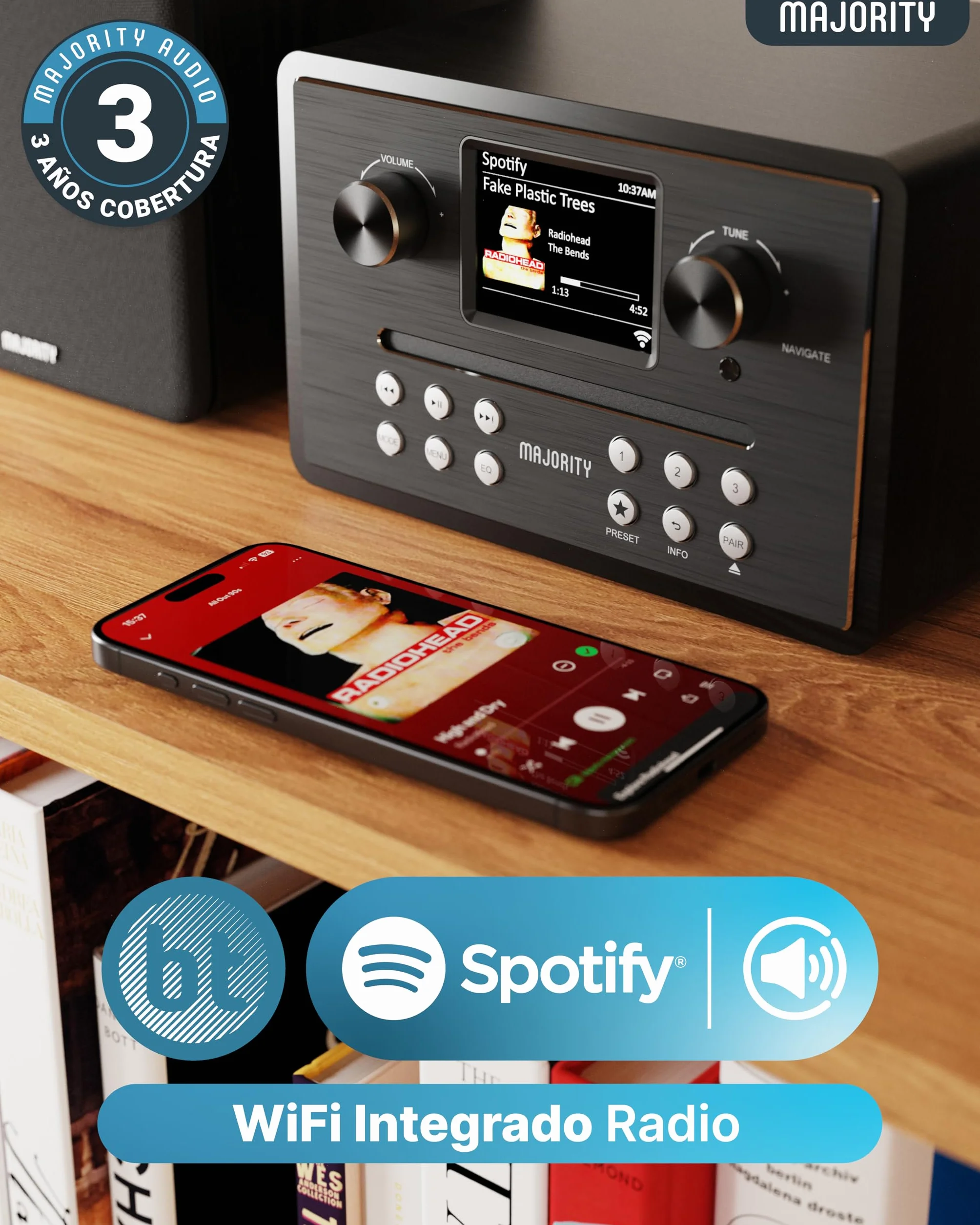 MAJORITY Homerton HiFi Equipo de Música | Reproductor de CD, Radio Internet WiFi, Dab/Dab+ Radio Digital y FM | Minicadena con Bluetooth 5.3, Reproducción USB, Spotify Connect y Control por App OKTIV