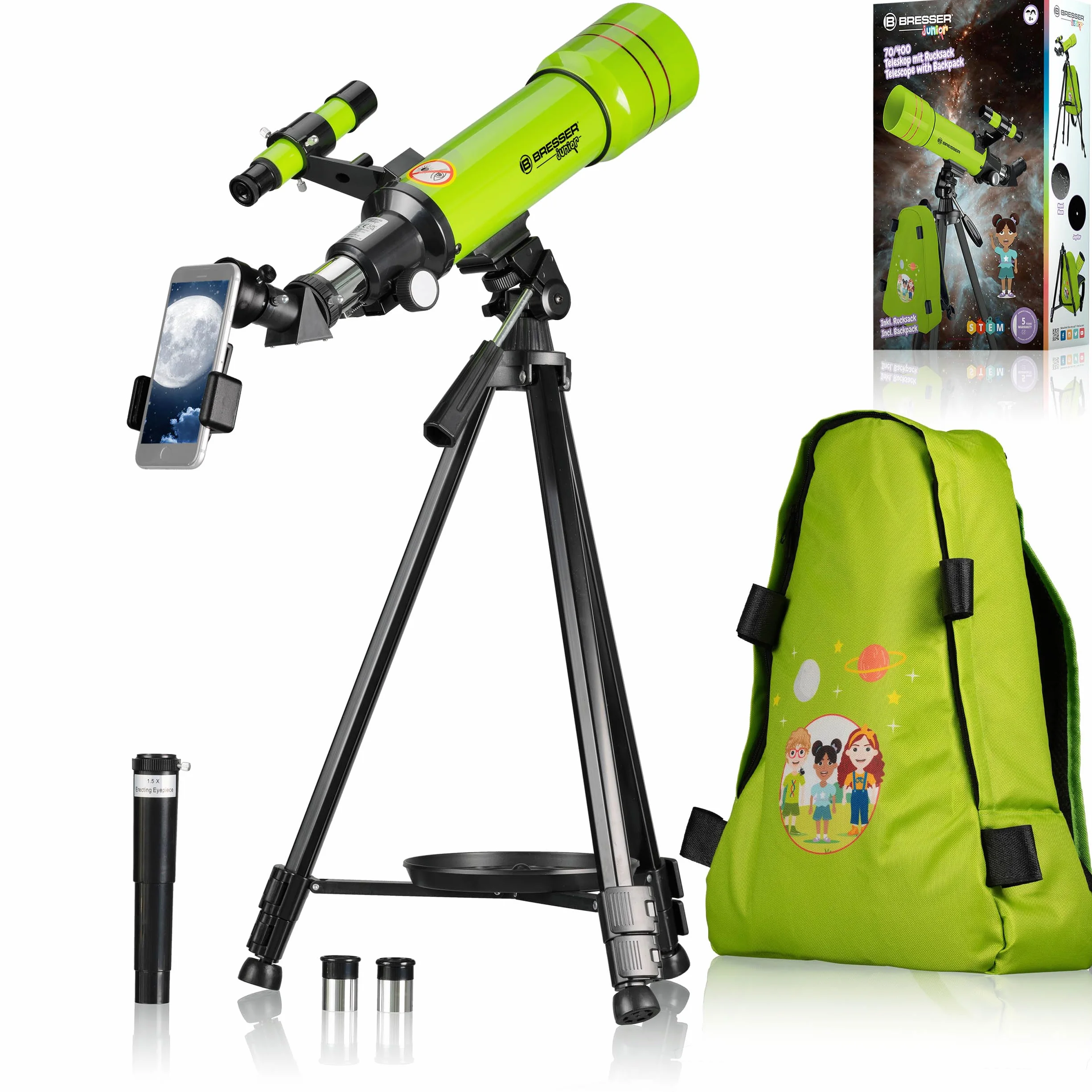 Bresser telescopio astronómico Refractor de Viaje para niños y Principiantes 70/400 Montura AZ con trípode, Adaptador para móvil, Mochila Verde