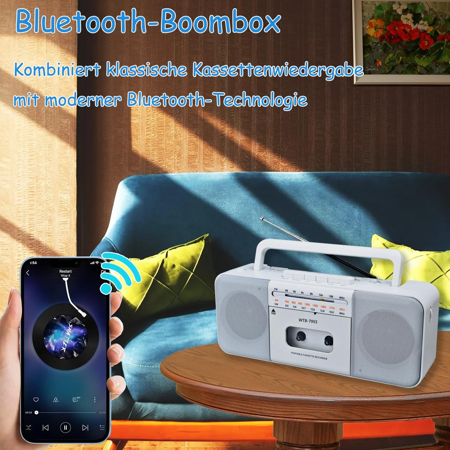 Reproductor y Grabadora de Cassette Multifunción - Bluetooth, Radio Am/FM/SW, Conversor a MP3, Altavoz 10W Portátil (Blanco)