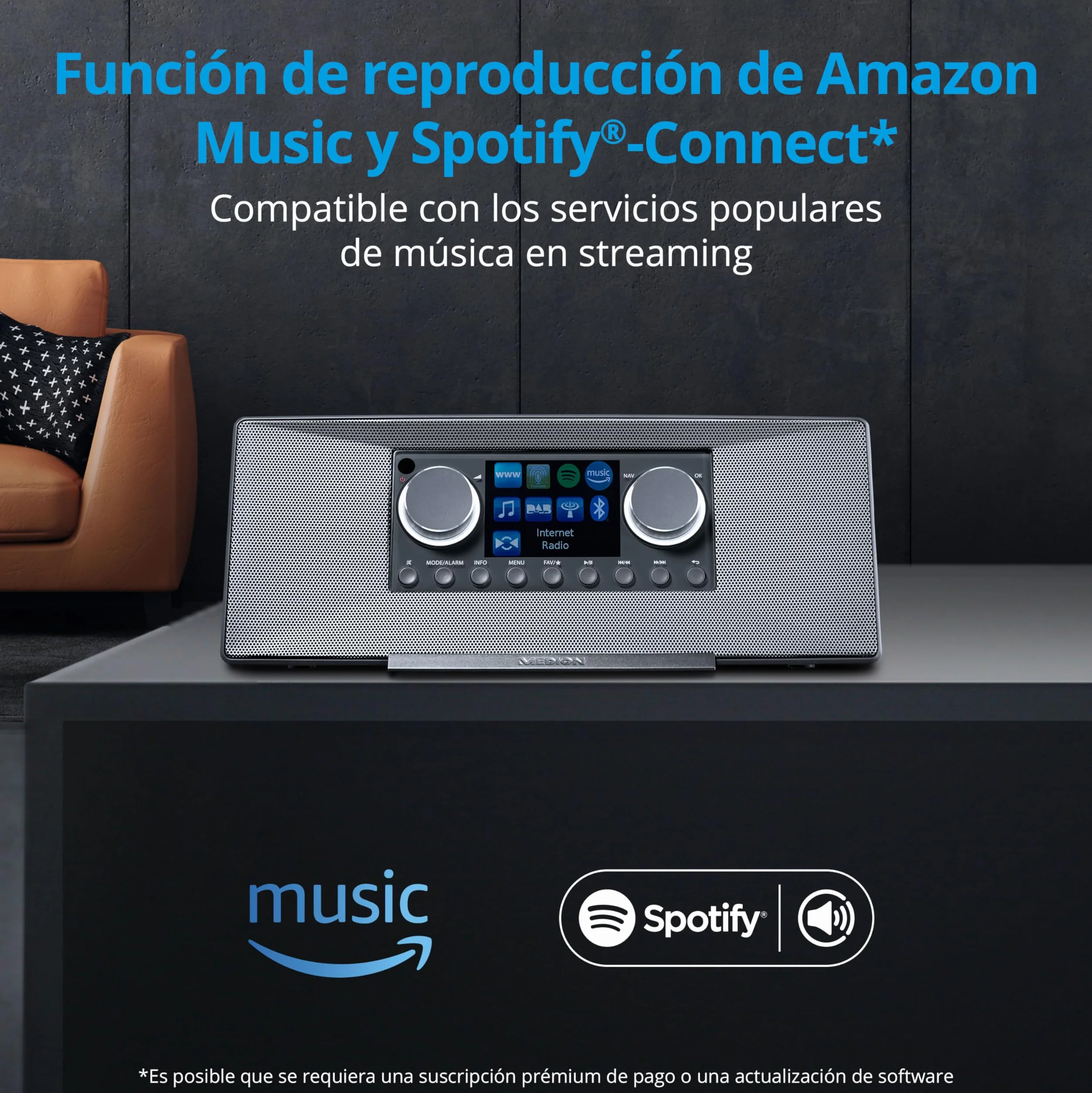 MEDION P85333 Radio por Internet con Dab+ (WiFi, FM, Spotify Connect, Amazon Music, USB, Toma de Auriculares, AUX, Stereo Line-out Cinch, Temporizador de sueño) Gris