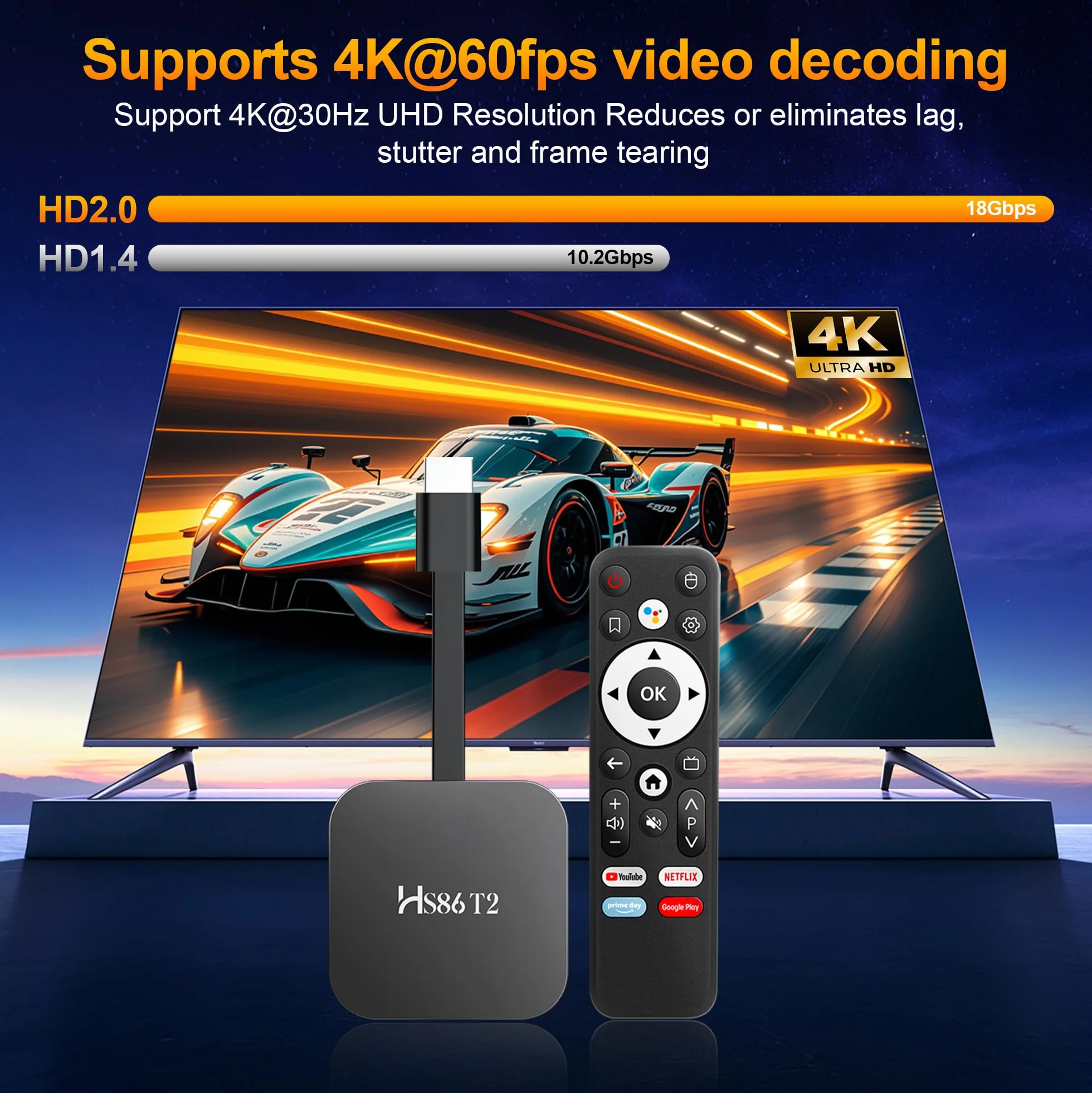 Barra de transmisión Android TV 14.0, barra de transmisión Smart TV 2 GB RAM 16 GB ROM, chip RK3518, WiFi dual 2,4 G/5,8 G, BT5.0, HDMI 2.0 y HD 4K, control remoto por voz compatible con video y audio